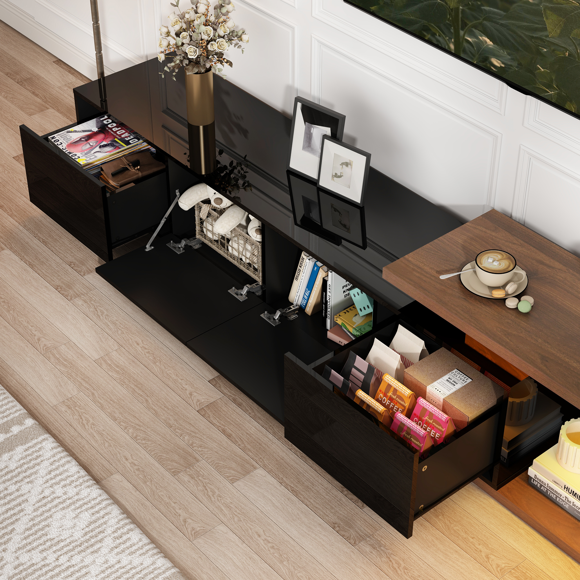 ANPOO Extendable TV Stand Cabinet with Drawers & LED Light, High Gloss Modern Minimalist Entertainment Center for Up to 120" TV, Reversible Extra Long TV Media Console