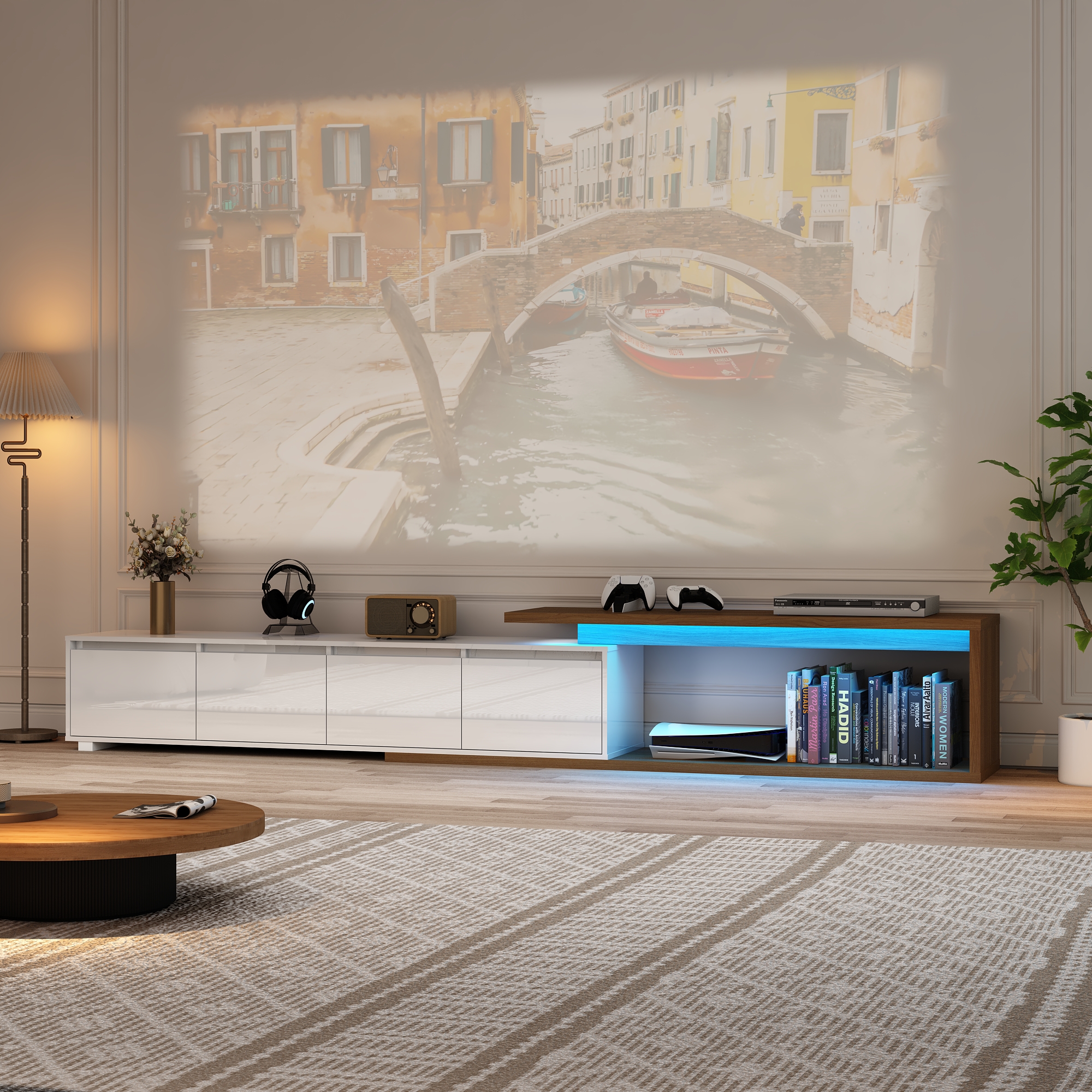 ANPOO Extendable TV Stand Cabinet with Drawers & LED Light, High Gloss Modern Minimalist Entertainment Center for Up to 120" TV, Reversible Extra Long TV Media Console