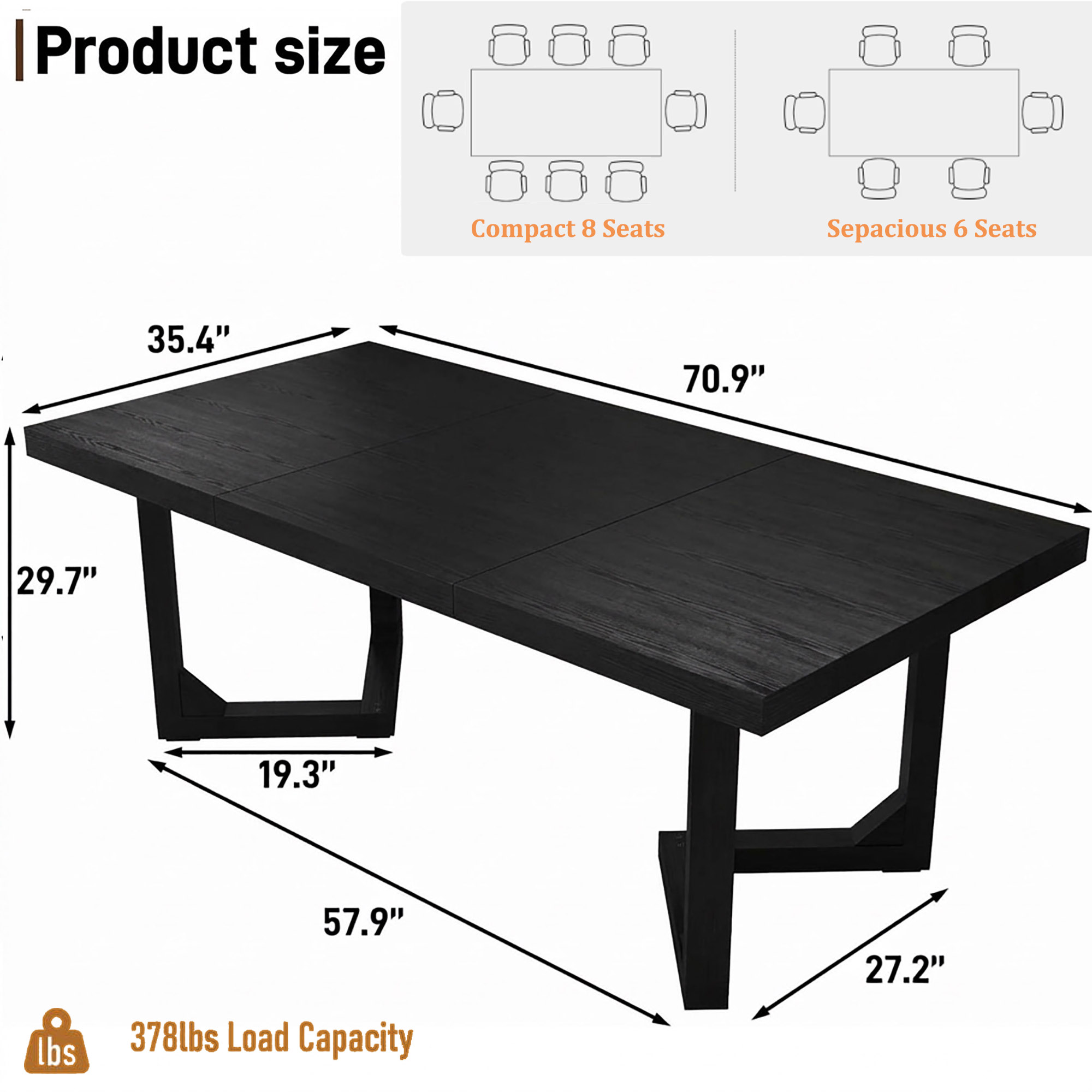 70 Inch Solid Wood Dining Table for 6-8 People