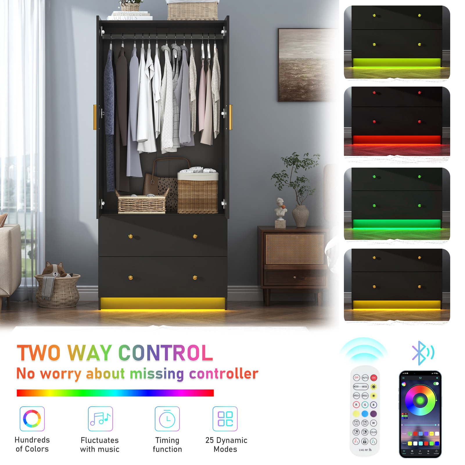 Blotout 70" Armoire Wardrobe Closet with Mirror, LED Wardrobe Armoire with 2 Drawers, 2 Door Wood Armoire Storage with Hanging Rods and Multi-Layer Shelves