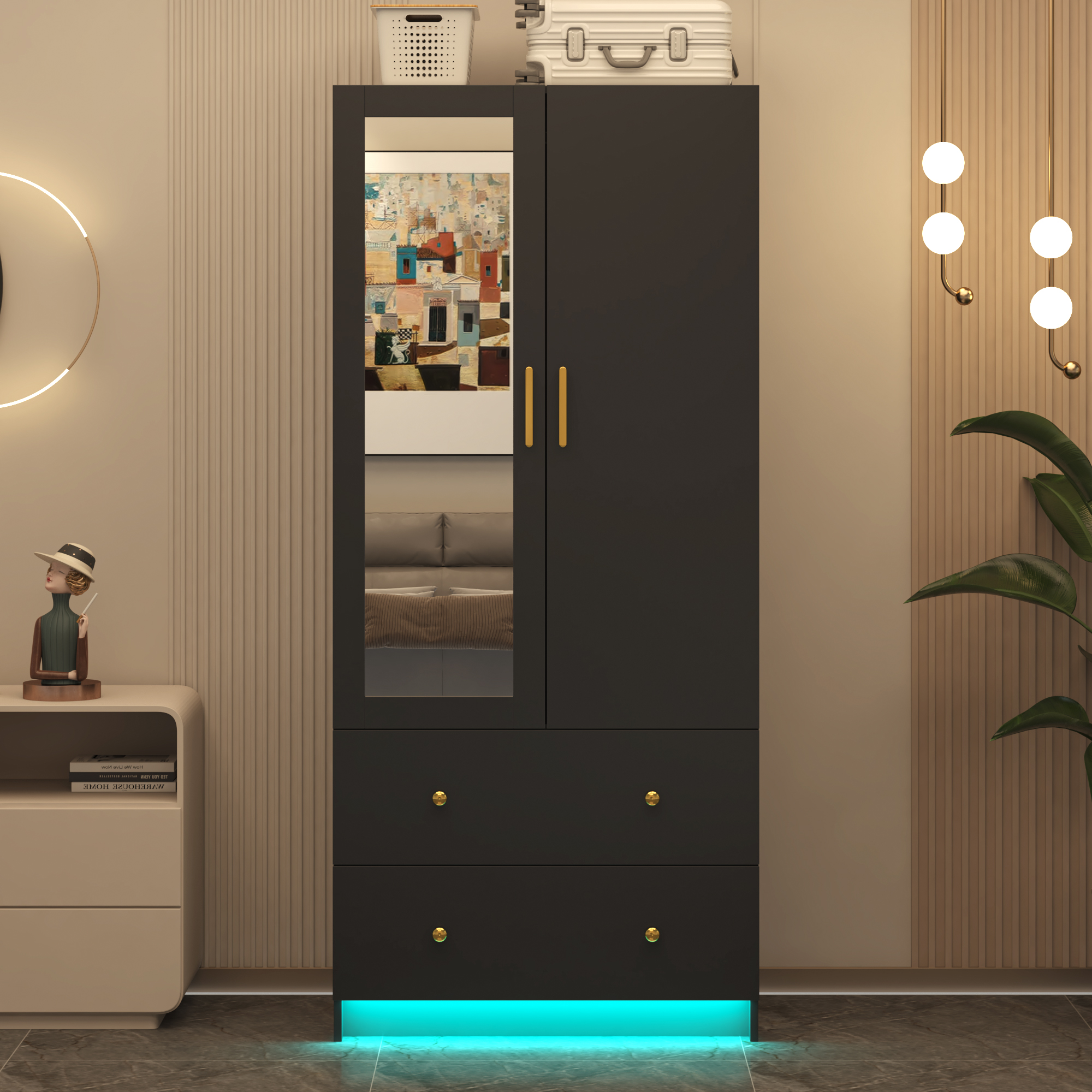 Blotout 70" Armoire Wardrobe Closet with Mirror, LED Wardrobe Armoire with 2 Drawers, 2 Door Wood Armoire Storage with Hanging Rods and Multi-Layer Shelves