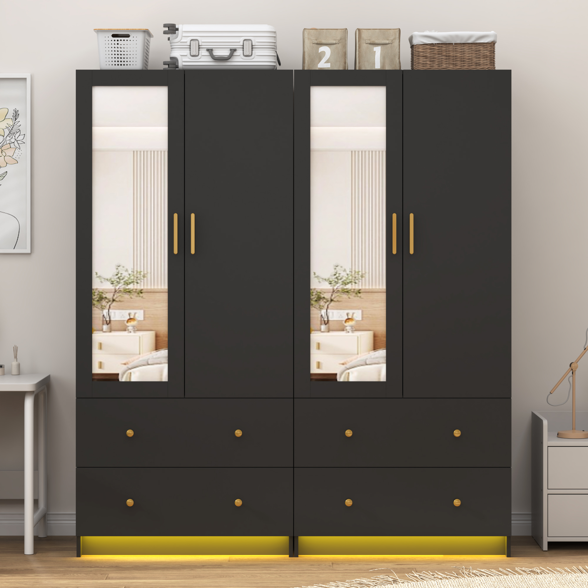 Blotout 70" Armoire Wardrobe Closet with Mirror, LED Wardrobe Armoire with 2 Drawers, 2 Door Wood Armoire Storage with Hanging Rods and Multi-Layer Shelves