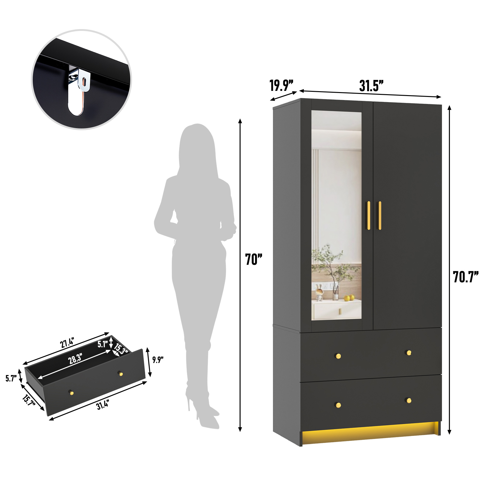 Blotout 70" Armoire Wardrobe Closet with Mirror, LED Wardrobe Armoire with 2 Drawers, 2 Door Wood Armoire Storage with Hanging Rods and Multi-Layer Shelves