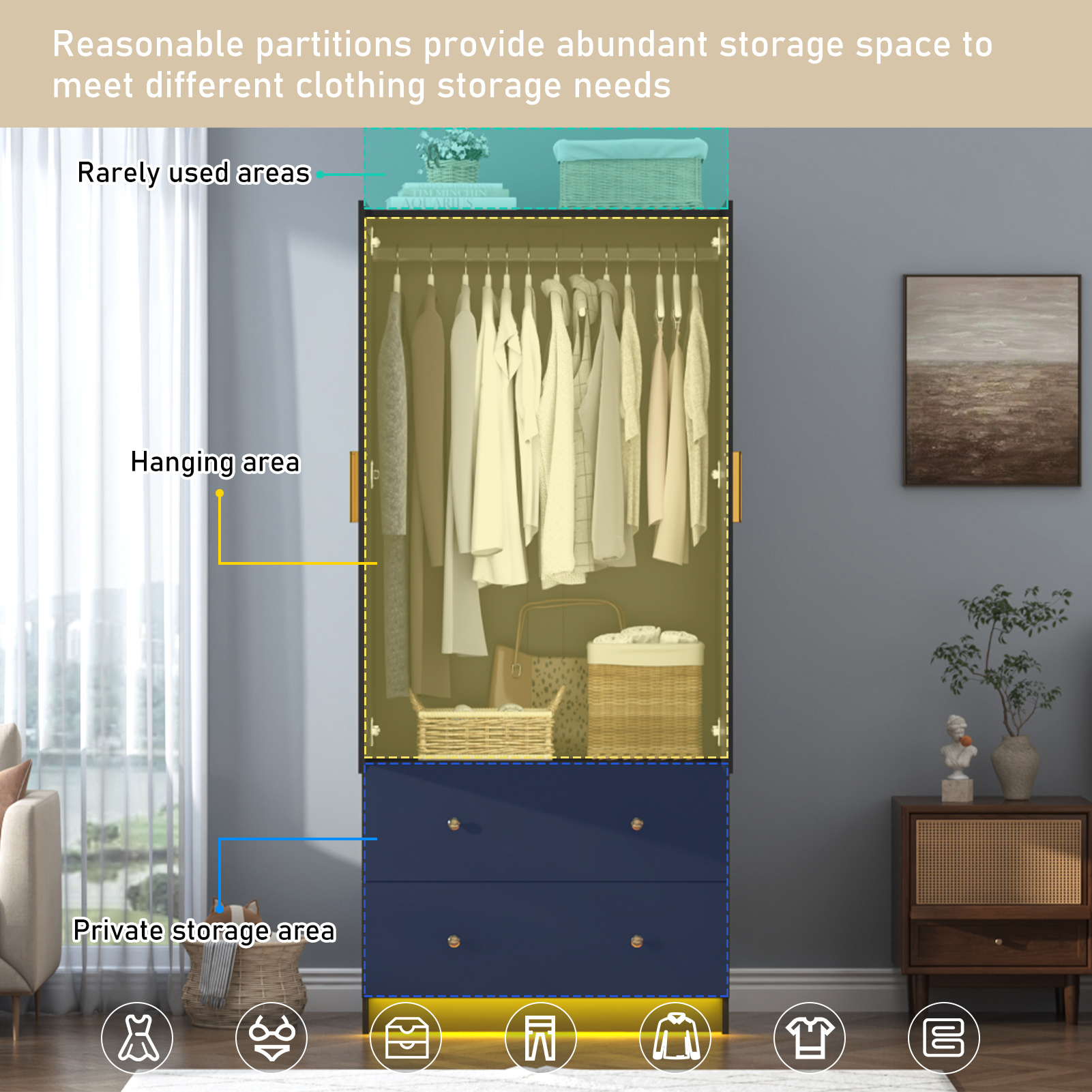 Blotout 70" Armoire Wardrobe Closet with Mirror, LED Wardrobe Armoire with 2 Drawers, 2 Door Wood Armoire Storage with Hanging Rods and Multi-Layer Shelves