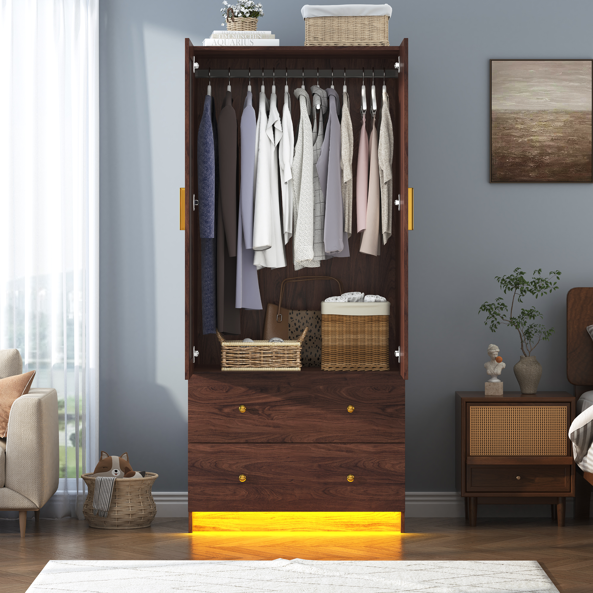 Blotout 70" Armoire Wardrobe Closet with Mirror, LED Wardrobe Armoire with 2 Drawers, 2 Door Wood Armoire Storage with Hanging Rods and Multi-Layer Shelves
