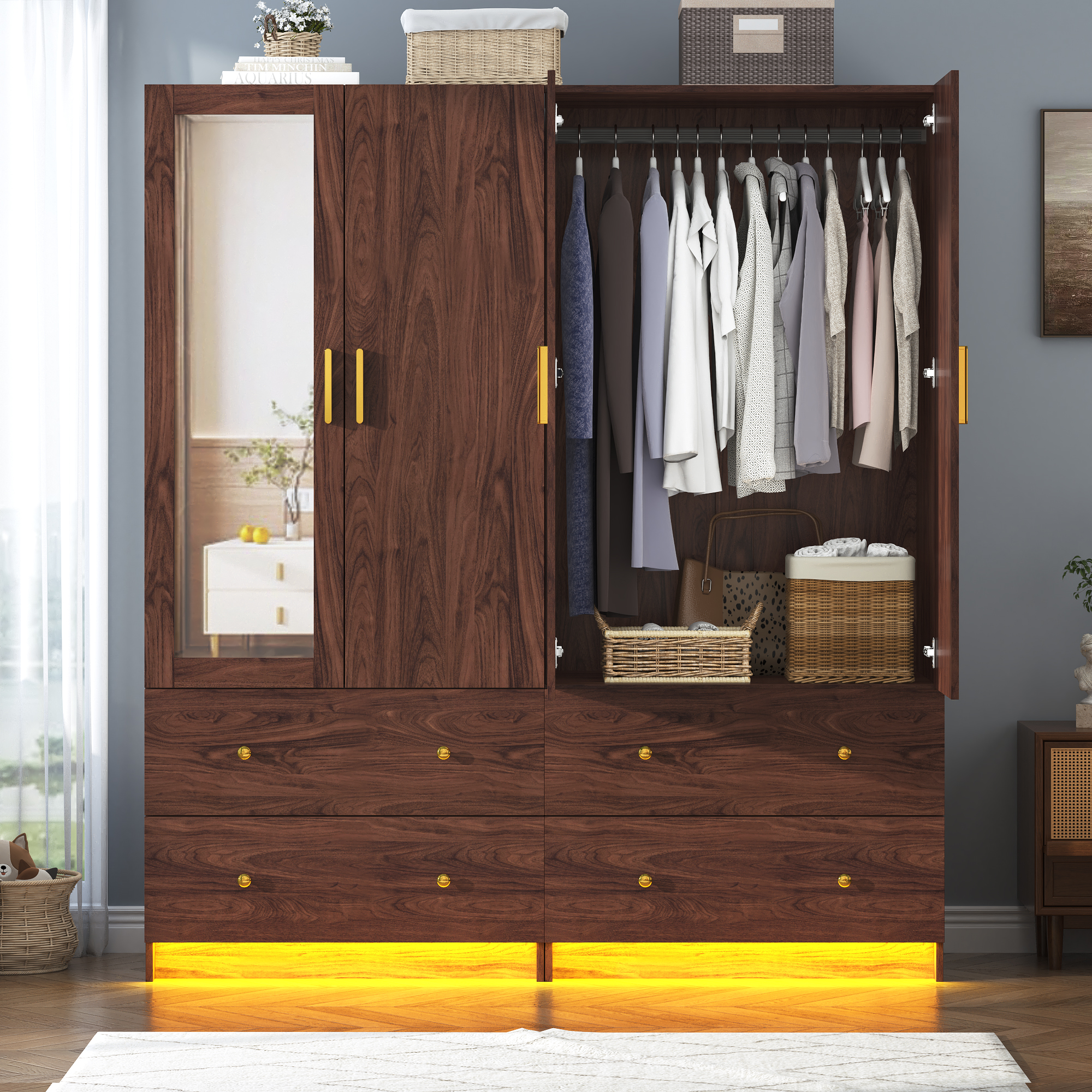 Blotout 70" Armoire Wardrobe Closet with Mirror, LED Wardrobe Armoire with 2 Drawers, 2 Door Wood Armoire Storage with Hanging Rods and Multi-Layer Shelves