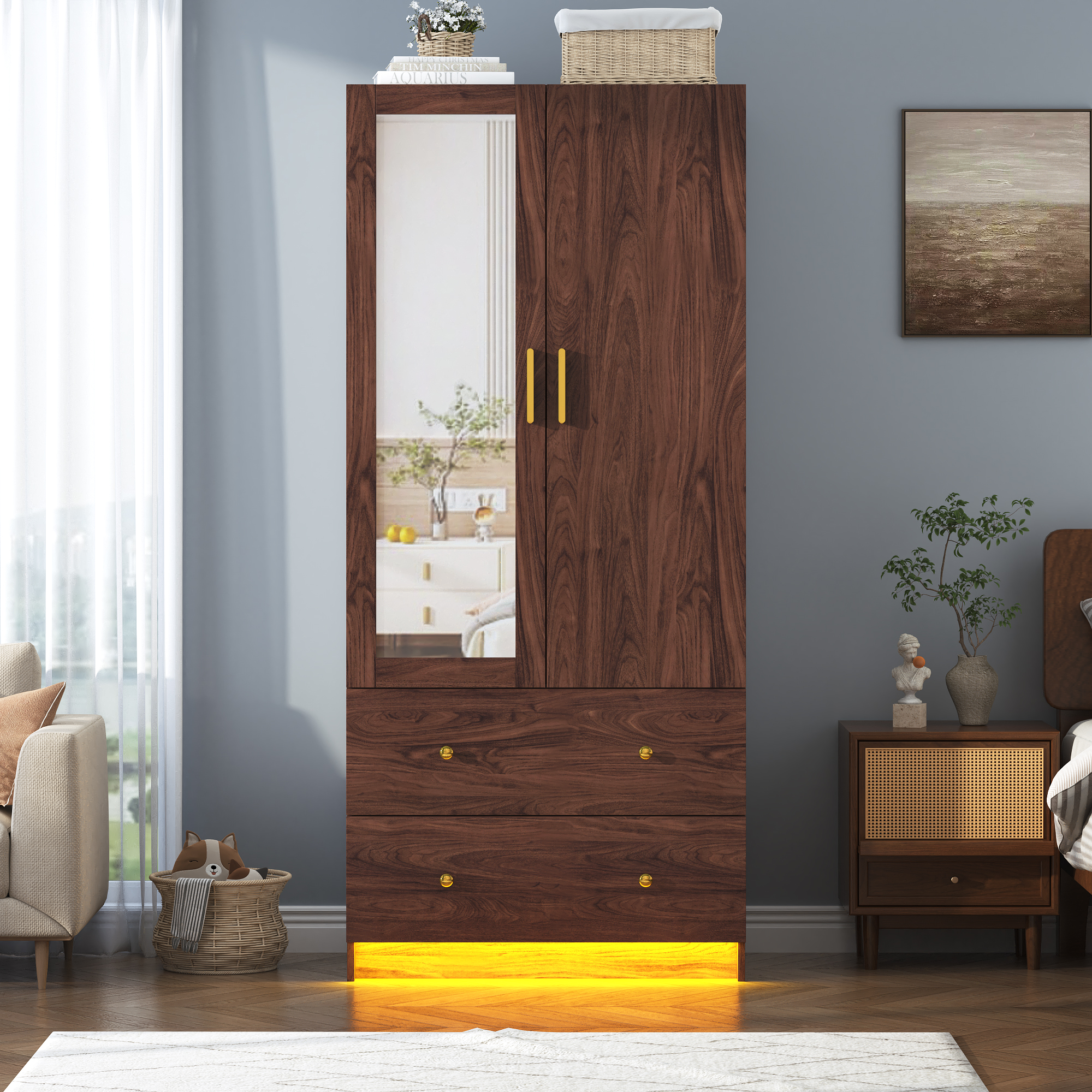Blotout 70" Armoire Wardrobe Closet with Mirror, LED Wardrobe Armoire with 2 Drawers, 2 Door Wood Armoire Storage with Hanging Rods and Multi-Layer Shelves