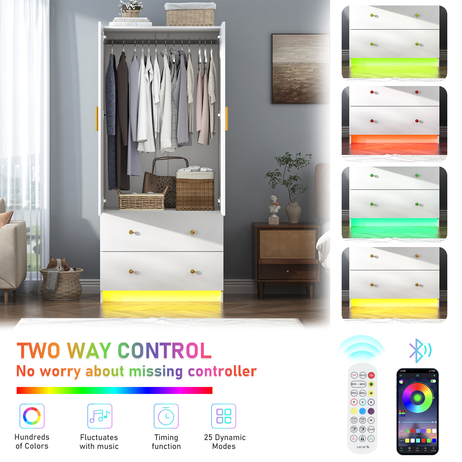 Blotout 70" Armoire Wardrobe Closet with Mirror, LED Wardrobe Armoire with 2 Drawers, 2 Door Wood Armoire Storage with Hanging Rods and Multi-Layer Shelves