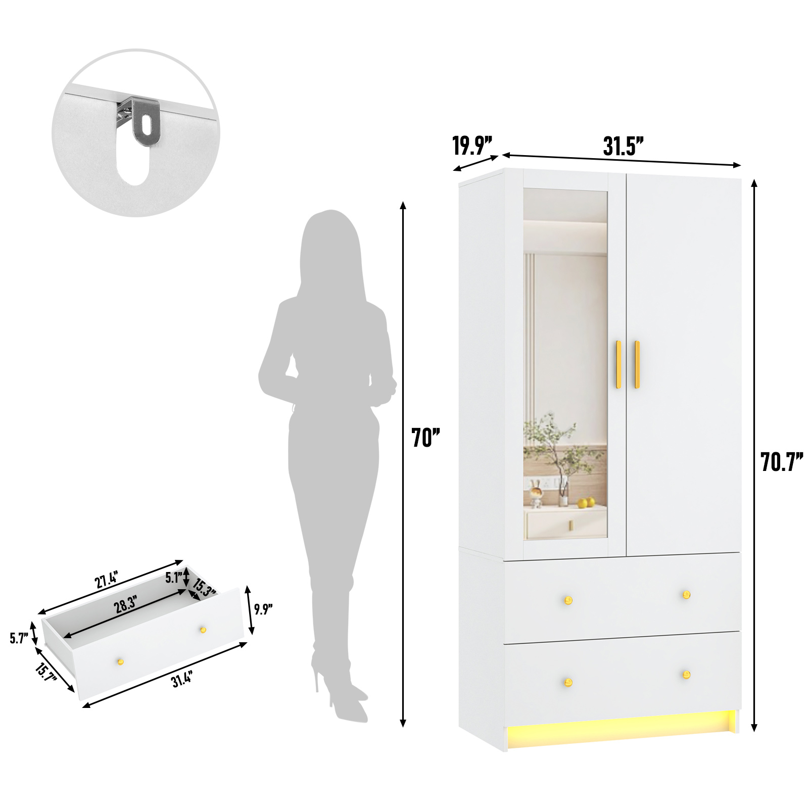 Blotout 70" Armoire Wardrobe Closet with Mirror, LED Wardrobe Armoire with 2 Drawers, 2 Door Wood Armoire Storage with Hanging Rods and Multi-Layer Shelves