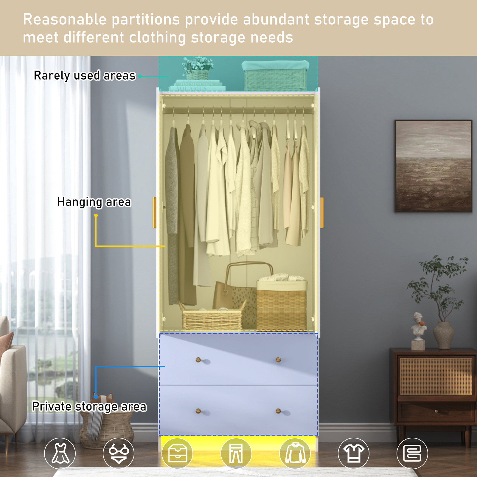 Blotout 70" Armoire Wardrobe Closet with Mirror, LED Wardrobe Armoire with 2 Drawers, 2 Door Wood Armoire Storage with Hanging Rods and Multi-Layer Shelves