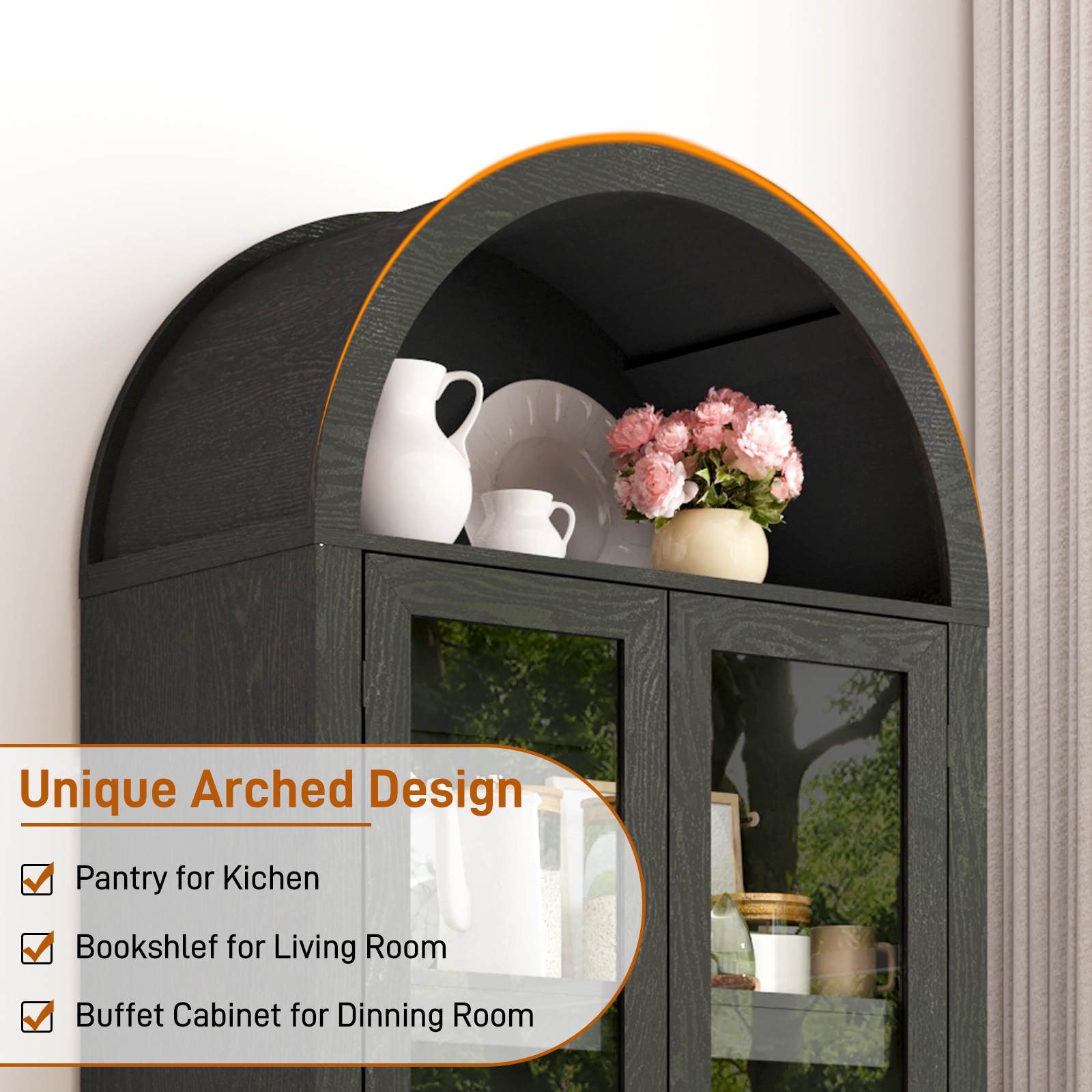 Blotout 75" Tall Arched Kitchen Pantry Storage Cabinet, Farmhouse Wood Pantry Arched Cabinet with Drawer, Glass Door and Adjustable Shelves for Dining Room Living Room