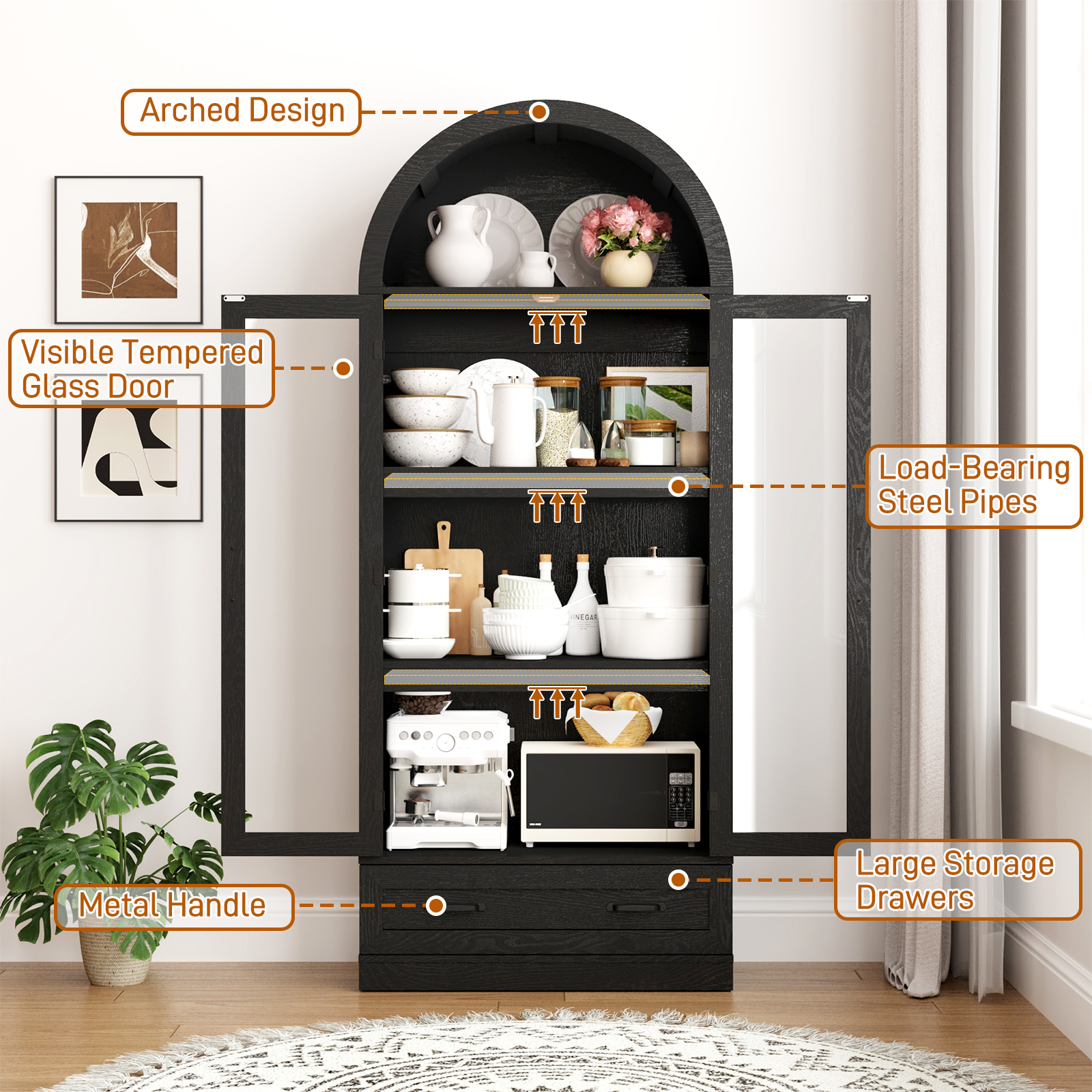 Blotout 75" Tall Arched Kitchen Pantry Storage Cabinet, Farmhouse Wood Pantry Arched Cabinet with Drawer, Glass Door and Adjustable Shelves for Dining Room Living Room