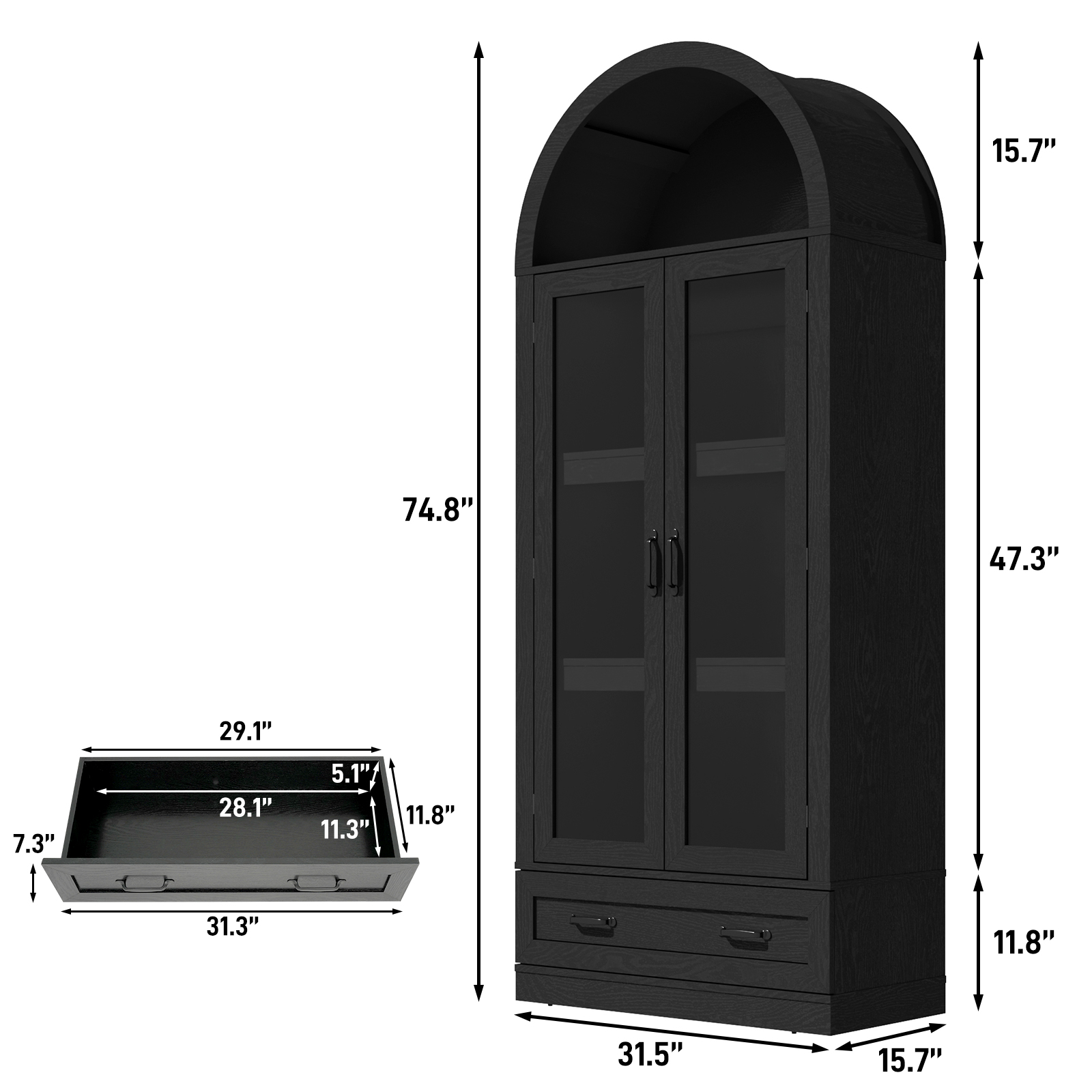 Blotout 75" Tall Arched Kitchen Pantry Storage Cabinet, Farmhouse Wood Pantry Arched Cabinet with Drawer, Glass Door and Adjustable Shelves for Dining Room Living Room