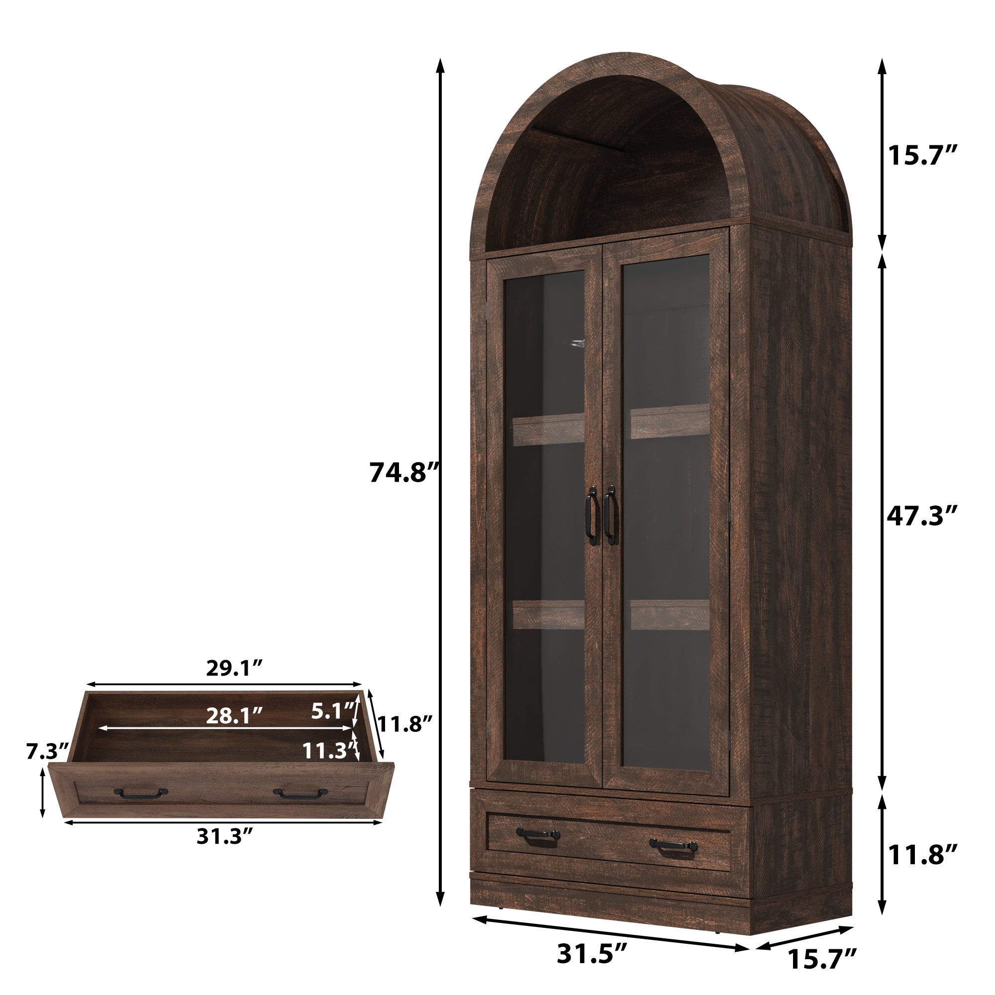 Blotout 75" Tall Arched Kitchen Pantry Storage Cabinet, Farmhouse Wood Pantry Arched Cabinet with Drawer, Glass Door and Load-Bearing Steel Pipe for Dining Room Living Room