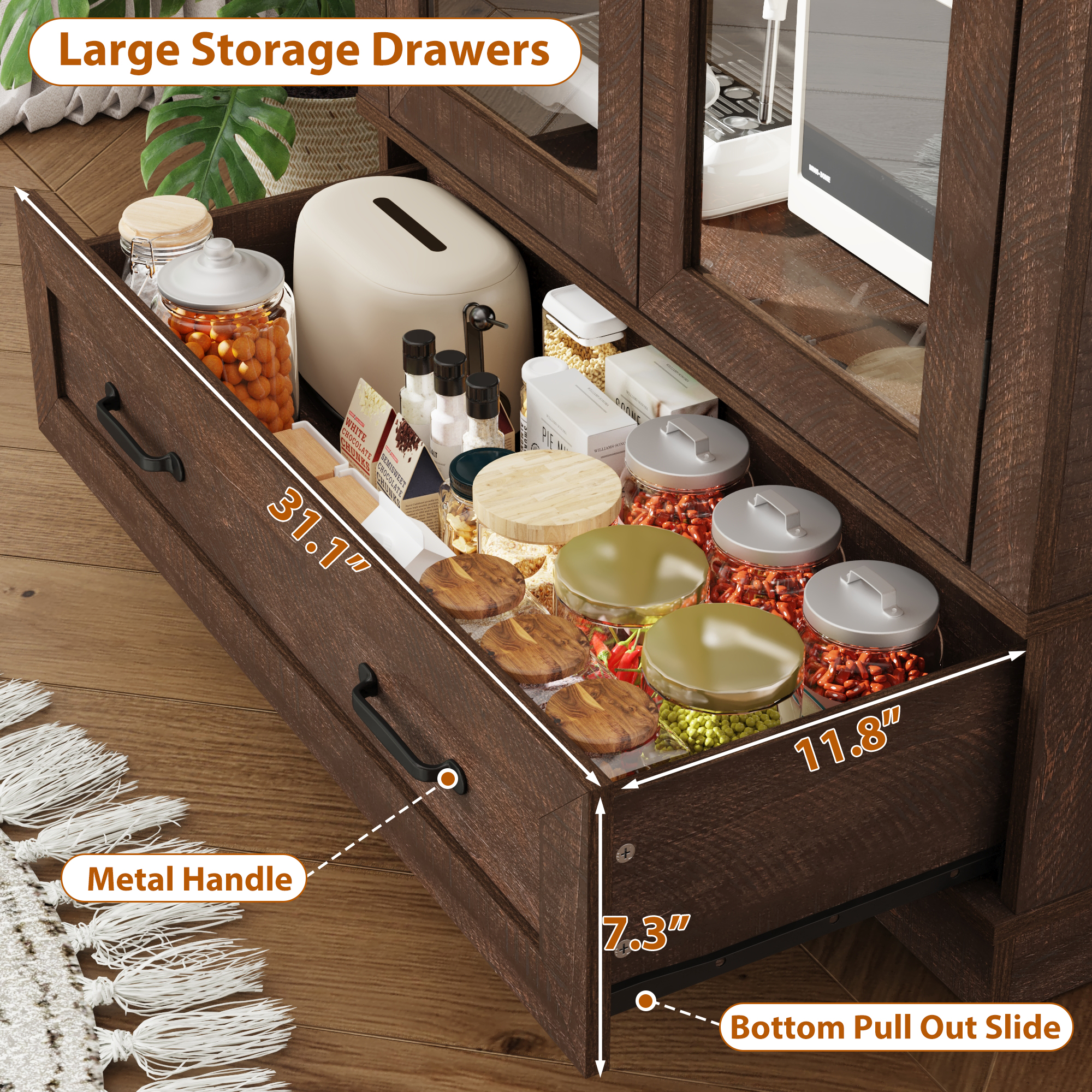 Blotout 75" Tall Arched Kitchen Pantry Storage Cabinet, Farmhouse Wood Pantry Arched Cabinet with Drawer, Glass Door and Load-Bearing Steel Pipe for Dining Room Living Room