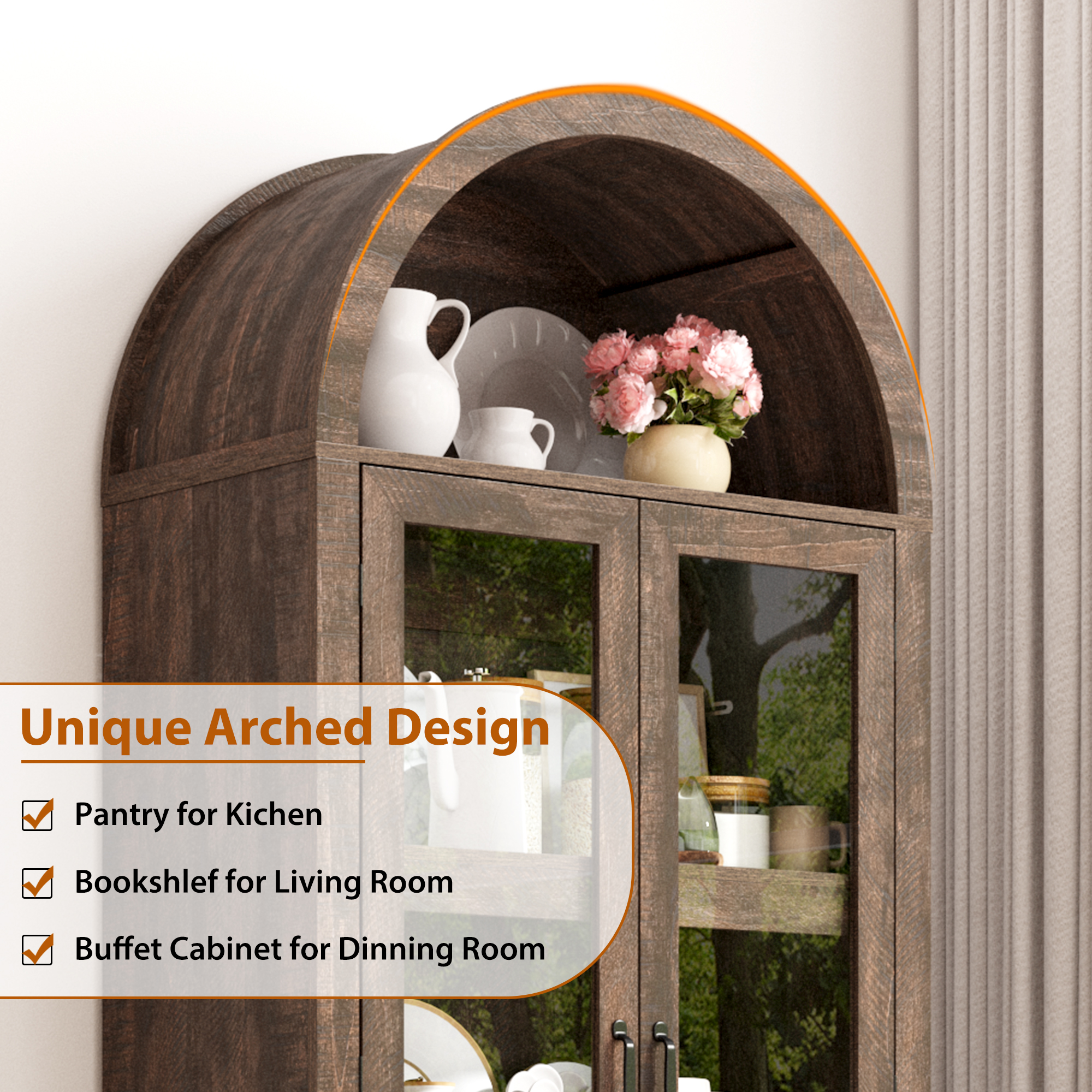 Blotout 75" Tall Arched Kitchen Pantry Storage Cabinet, Farmhouse Wood Pantry Arched Cabinet with Drawer, Glass Door and Load-Bearing Steel Pipe for Dining Room Living Room