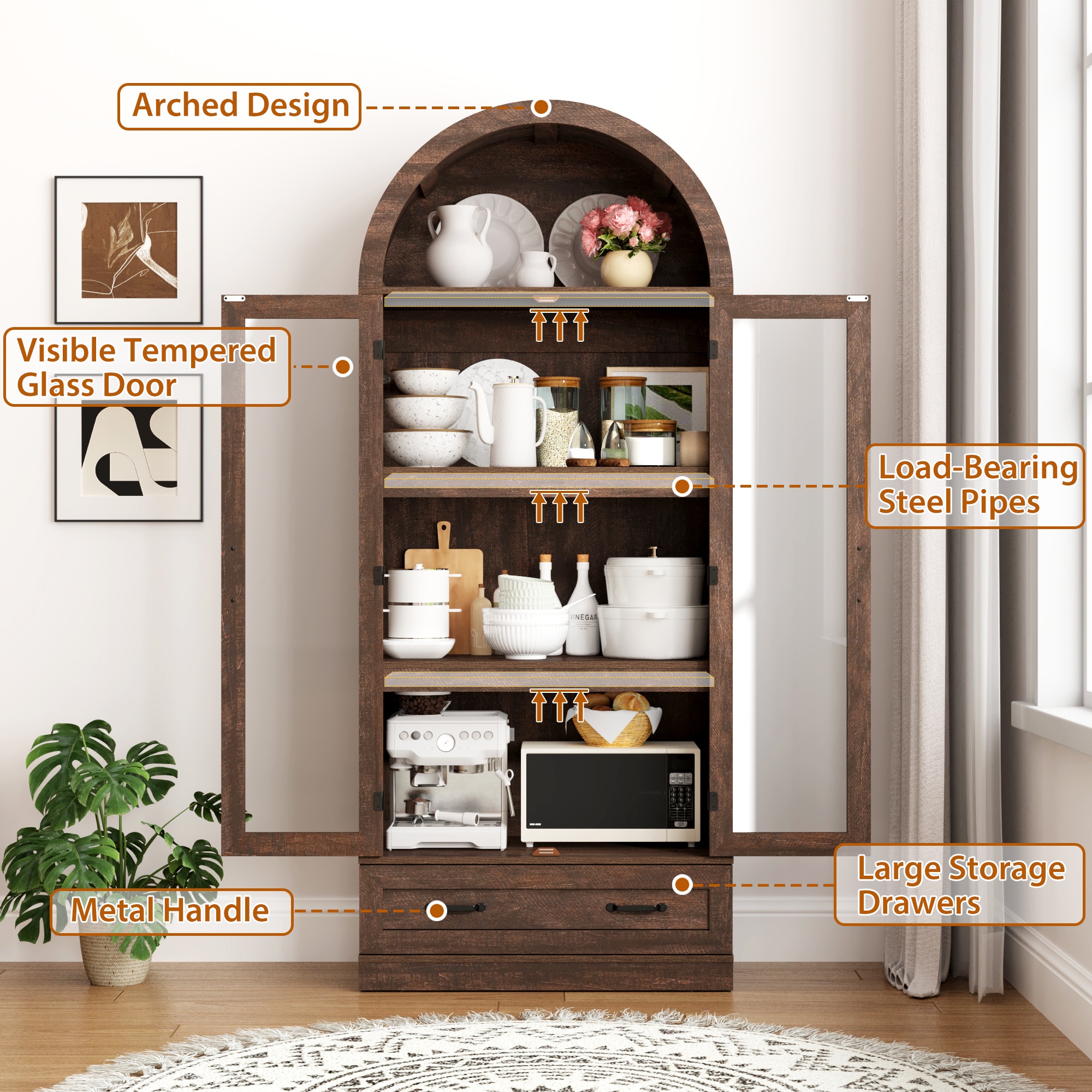 Blotout 75" Tall Arched Kitchen Pantry Storage Cabinet, Farmhouse Wood Pantry Arched Cabinet with Drawer, Glass Door and Load-Bearing Steel Pipe for Dining Room Living Room