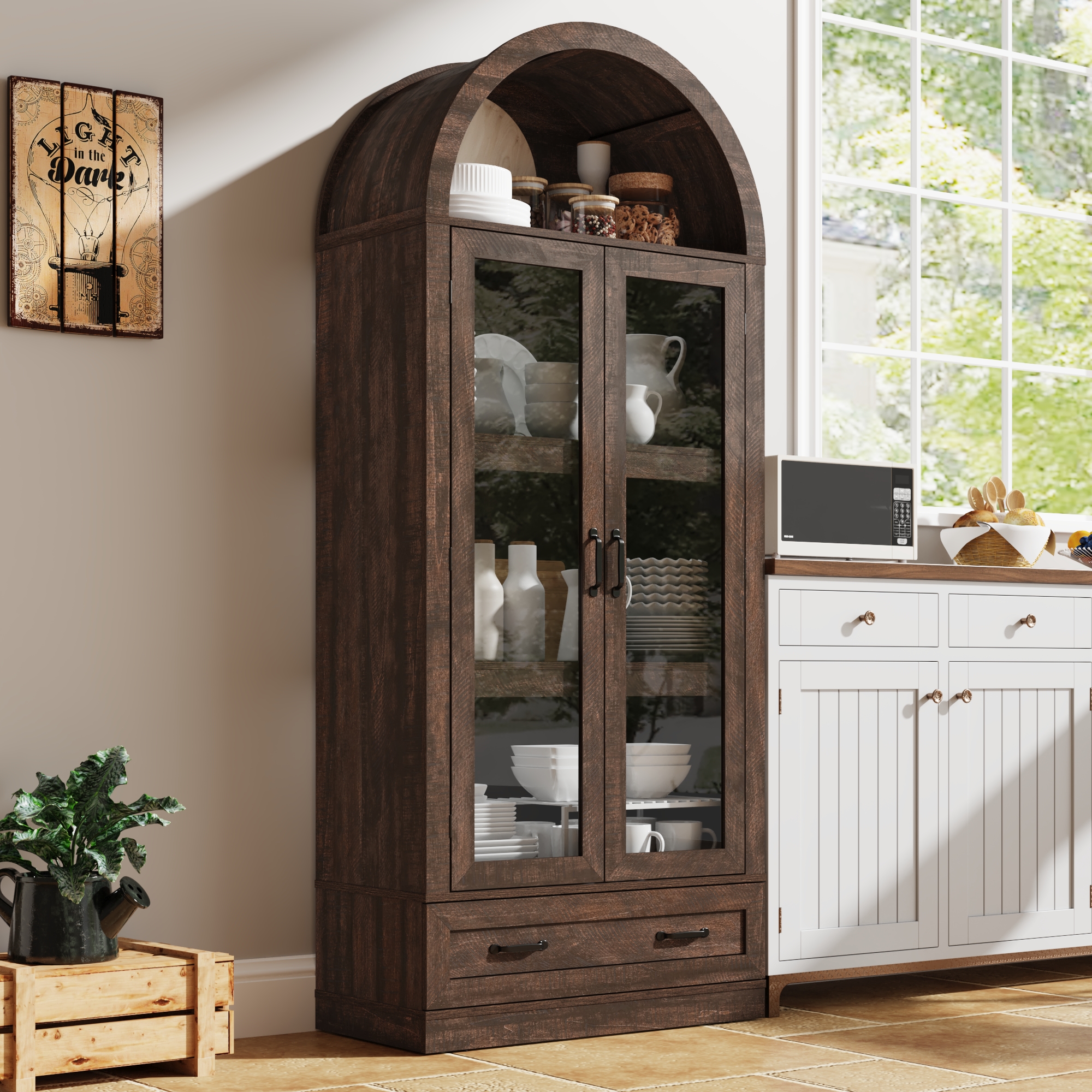 Blotout 75" Tall Arched Kitchen Pantry Storage Cabinet, Farmhouse Wood Pantry Arched Cabinet with Drawer, Glass Door and Load-Bearing Steel Pipe for Dining Room Living Room
