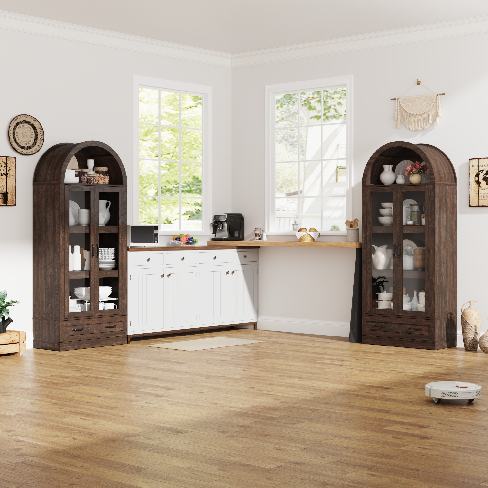 Blotout 75" Tall Arched Kitchen Pantry Storage Cabinet, Farmhouse Wood Pantry Arched Cabinet with Drawer, Glass Door and Load-Bearing Steel Pipe for Dining Room Living Room