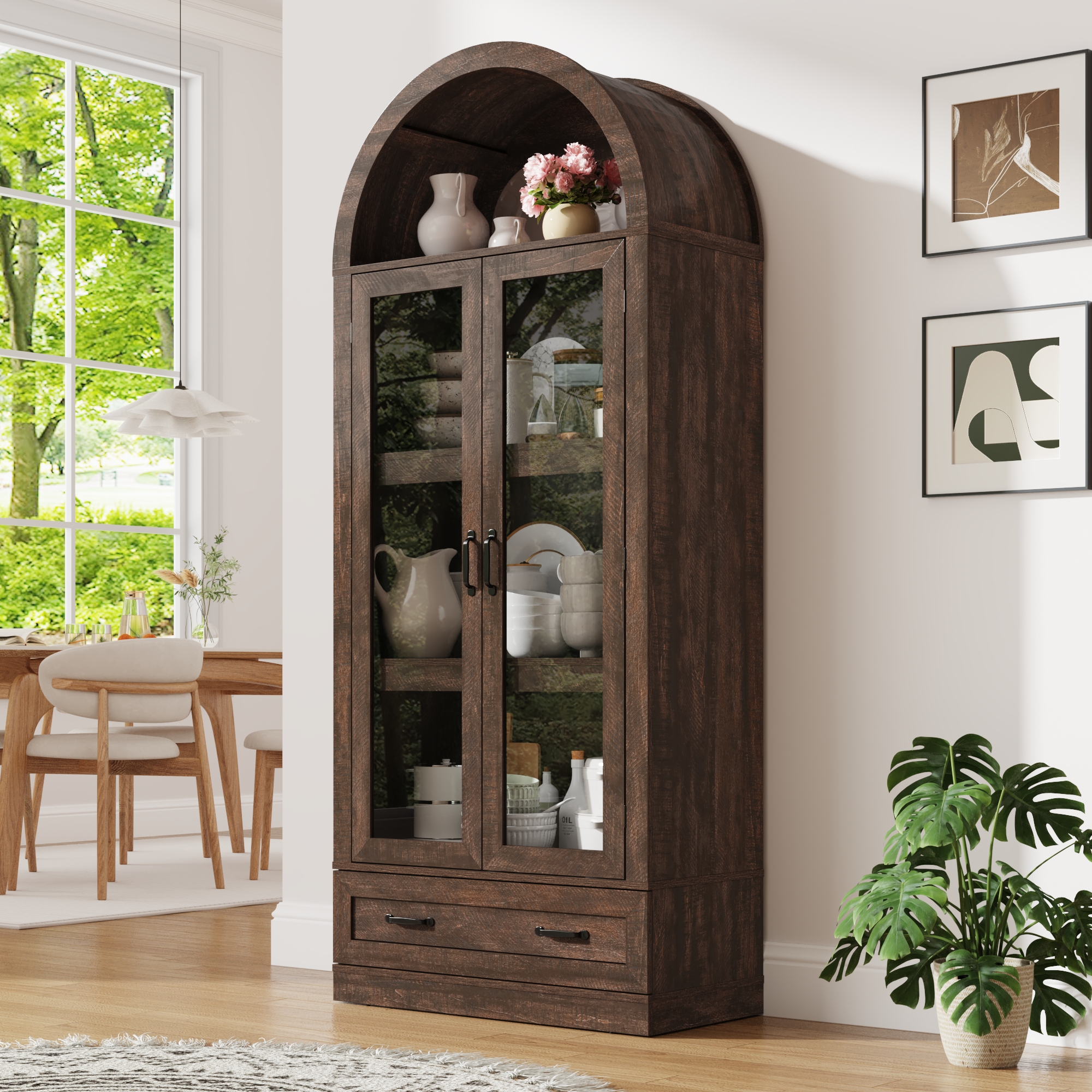 Blotout 75" Tall Arched Kitchen Pantry Storage Cabinet, Farmhouse Wood Pantry Arched Cabinet with Drawer, Glass Door and Load-Bearing Steel Pipe for Dining Room Living Room