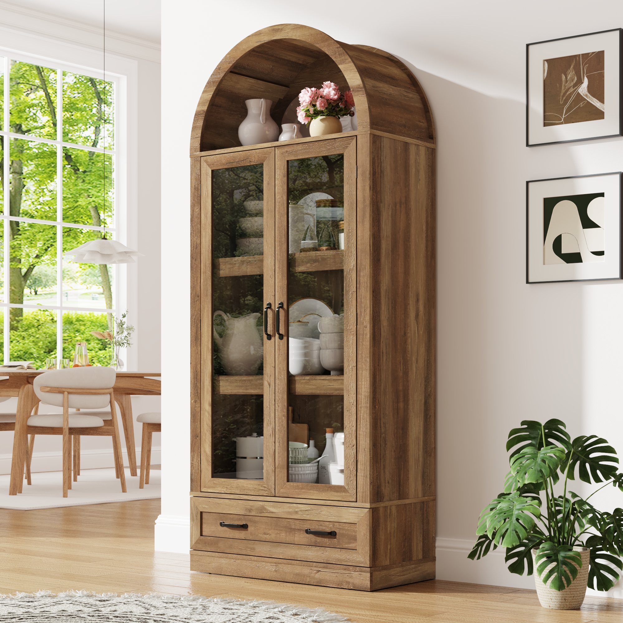 Blotout 75" Tall Arched Kitchen Pantry Storage Cabinet, Farmhouse Wood Pantry Arched Cabinet with Drawer, Glass Door and Adjustable Shelves for Dining Room Living Room