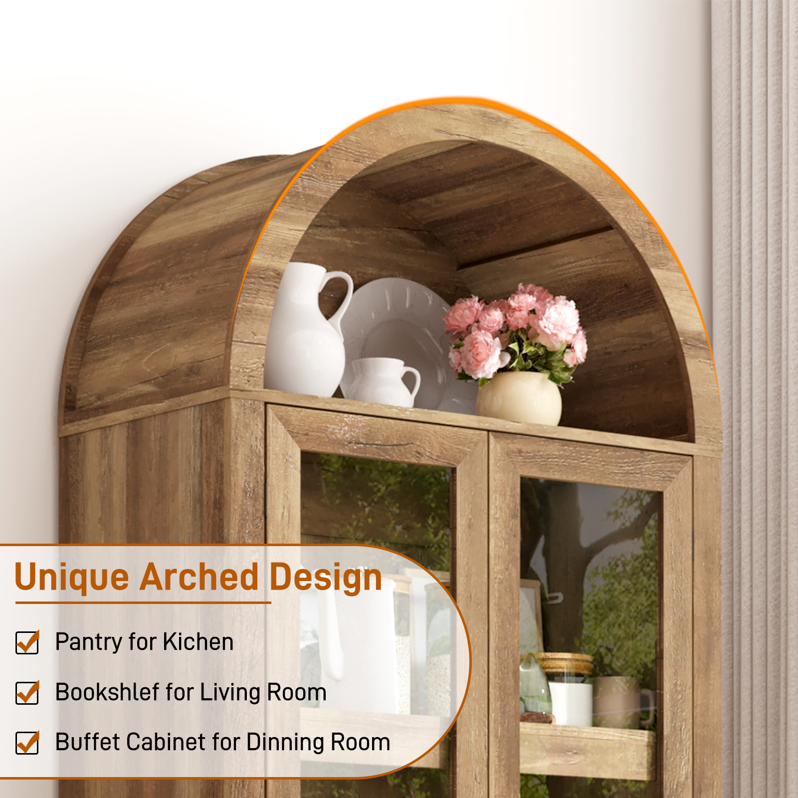 Blotout 75" Tall Arched Kitchen Pantry Storage Cabinet, Farmhouse Wood Pantry Arched Cabinet with Drawer, Glass Door and Adjustable Shelves for Dining Room Living Room