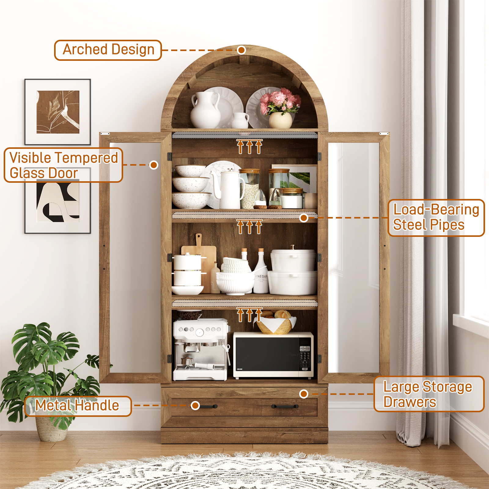 Blotout 75" Tall Arched Kitchen Pantry Storage Cabinet, Farmhouse Wood Pantry Arched Cabinet with Drawer, Glass Door and Adjustable Shelves for Dining Room Living Room