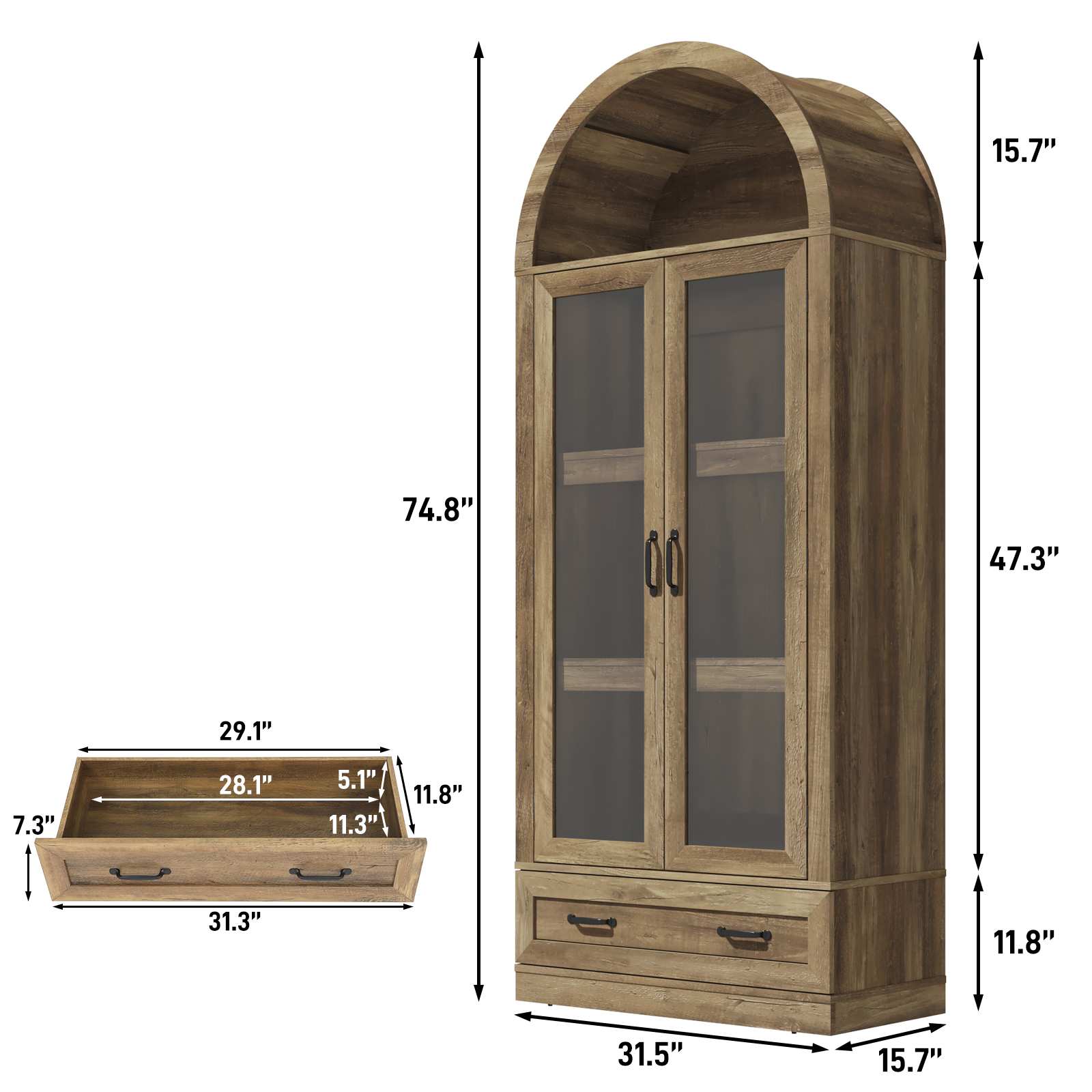 Blotout 75" Tall Arched Kitchen Pantry Storage Cabinet, Farmhouse Wood Pantry Arched Cabinet with Drawer, Glass Door and Adjustable Shelves for Dining Room Living Room