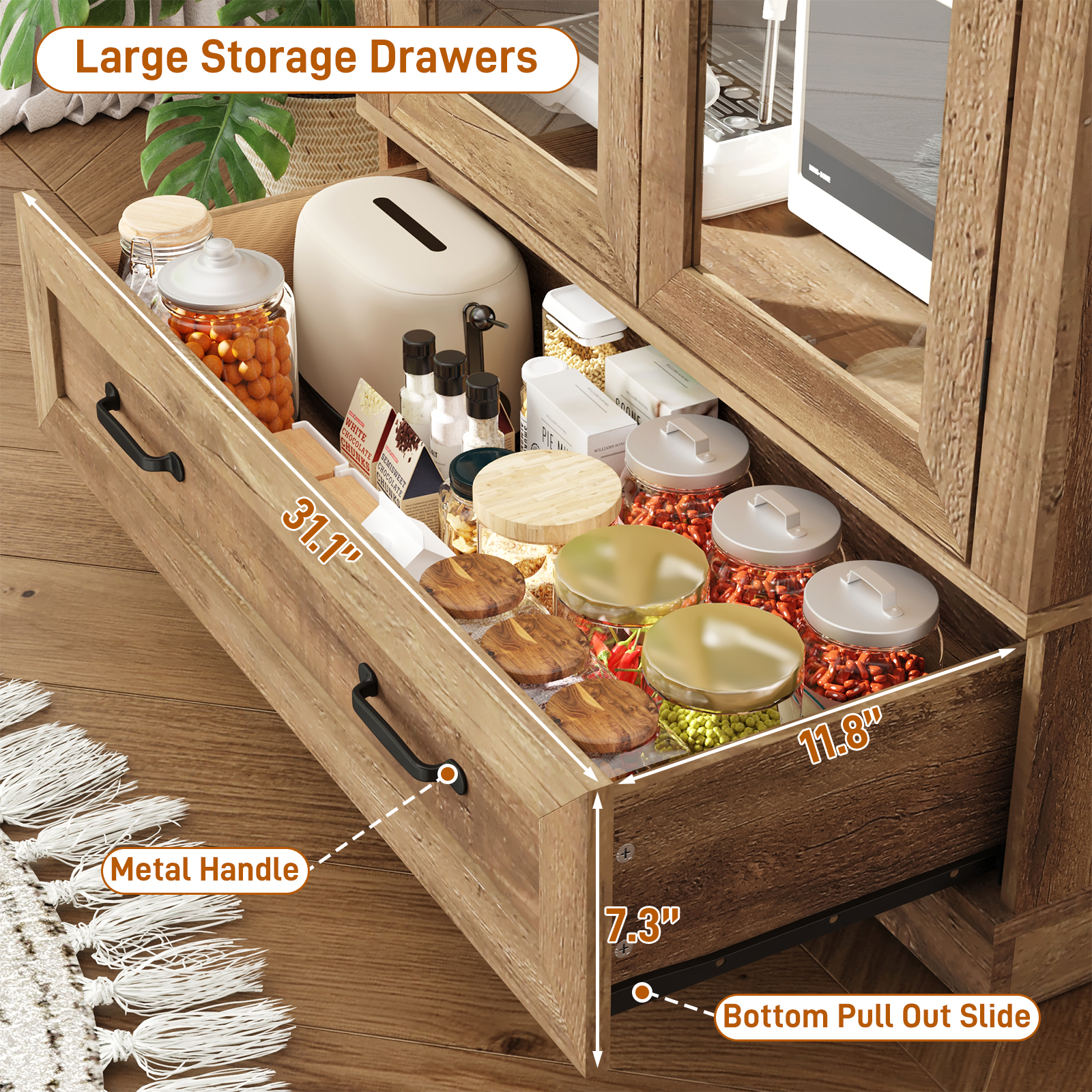 Blotout 75" Tall Arched Kitchen Pantry Storage Cabinet, Farmhouse Wood Pantry Arched Cabinet with Drawer, Glass Door and Adjustable Shelves for Dining Room Living Room