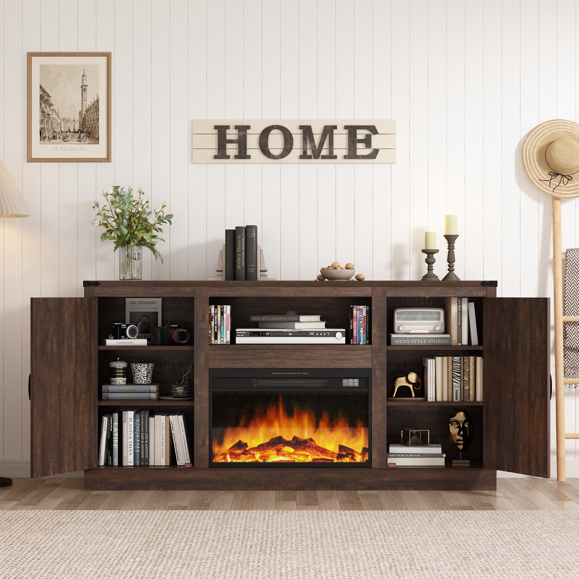 Blotout 66" Fireplace TV Stand for TVs up to 65" 75" with 23" Electric Fireplace, Farmhouse Entertainment Center with Power Outlets