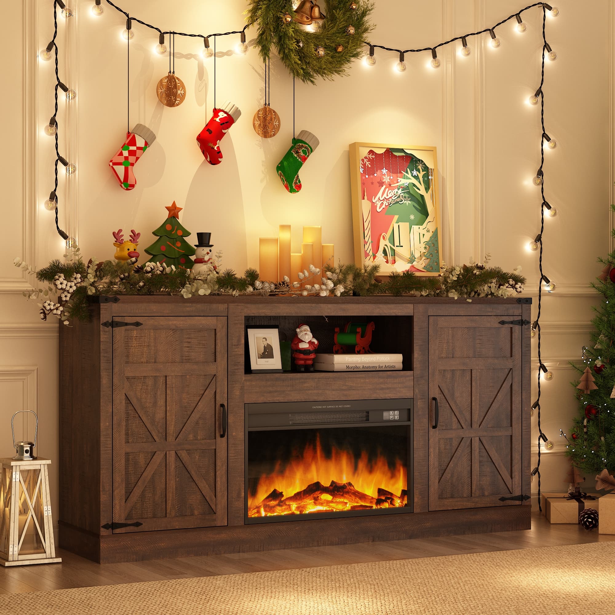 Blotout 66" Fireplace TV Stand for TVs up to 65" 75" with 23" Electric Fireplace, Farmhouse Entertainment Center with Power Outlets