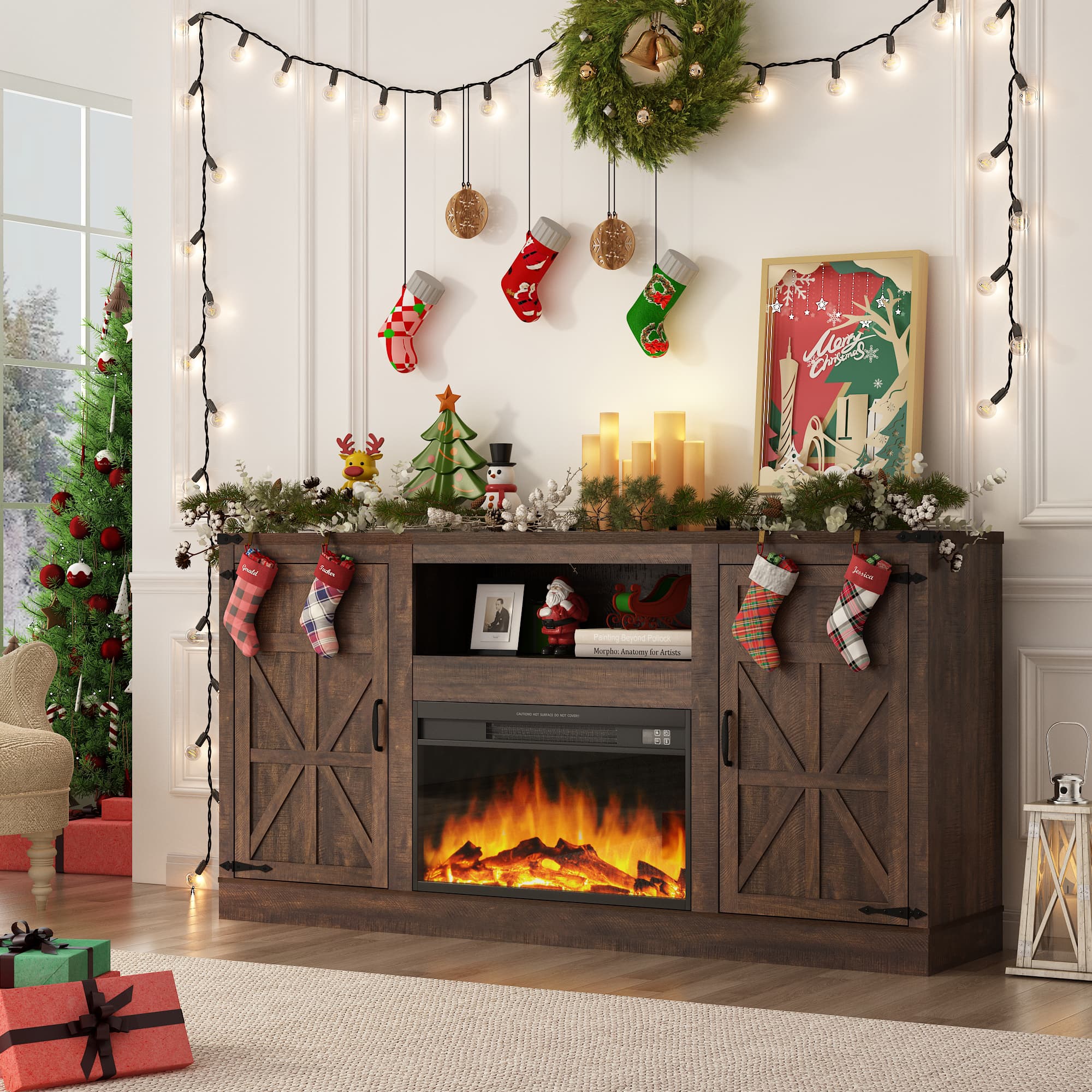 Blotout 66" Fireplace TV Stand for TVs up to 65" 75" with 23" Electric Fireplace, Farmhouse Entertainment Center with Power Outlets