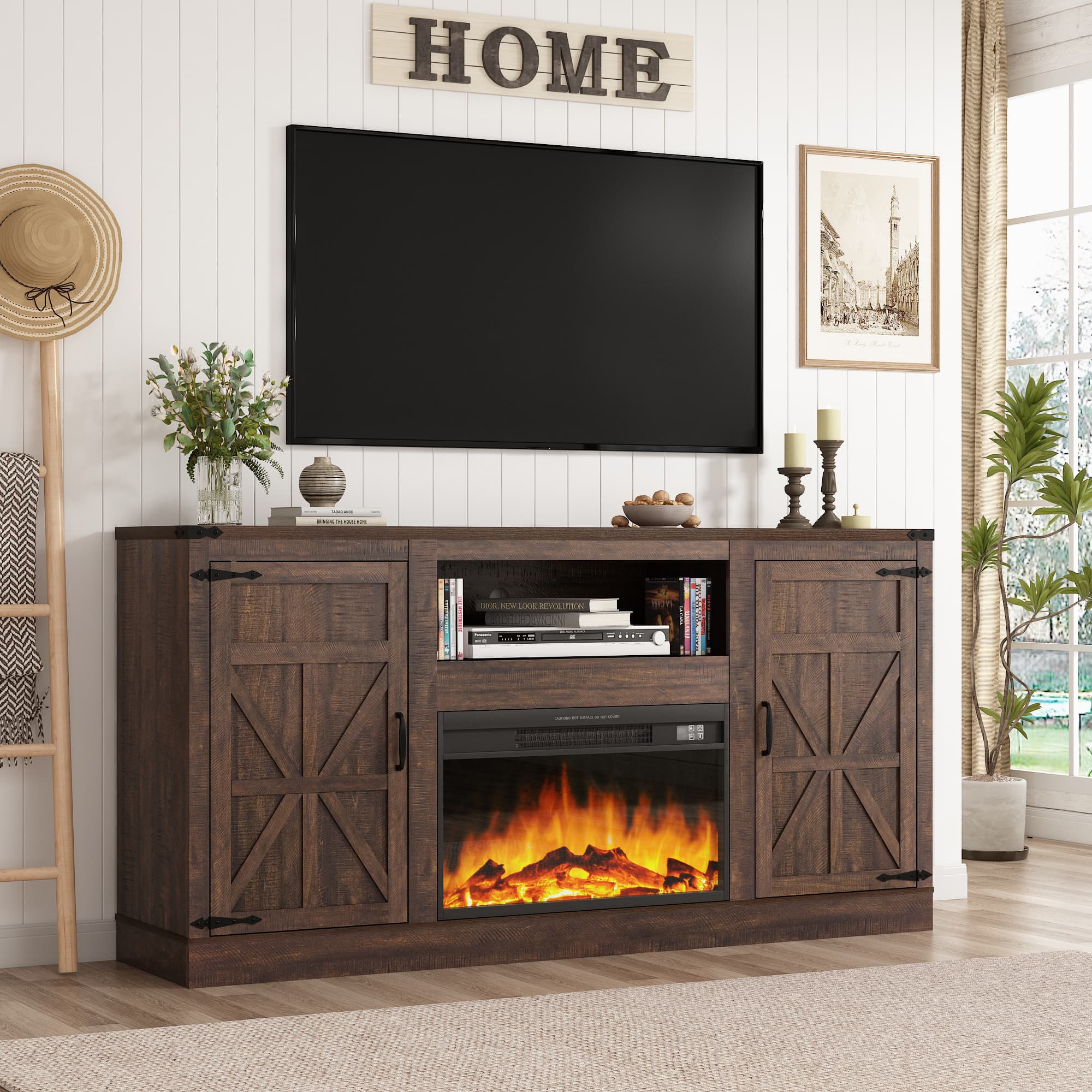 Blotout 66" Fireplace TV Stand for TVs up to 65" 75" with 23" Electric Fireplace, Farmhouse Entertainment Center with Power Outlets