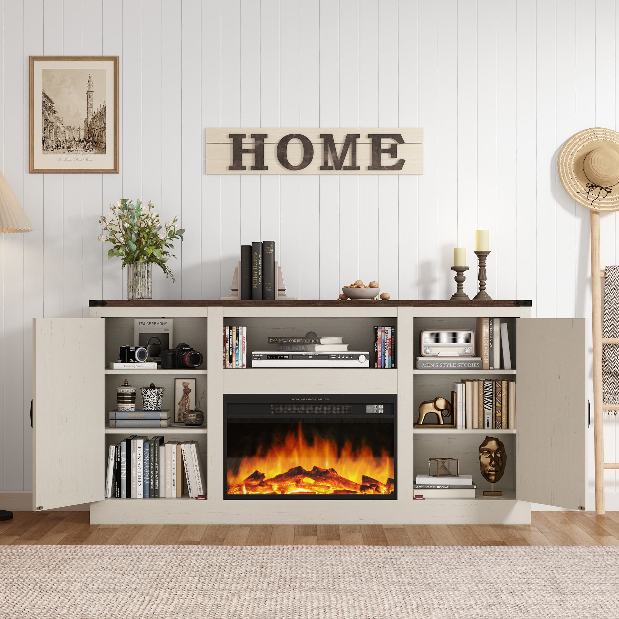 Blotout 66" Fireplace TV Stand for TVs up to 65" 75" with 23" Electric Fireplace, Farmhouse Entertainment Center with Power Outlets