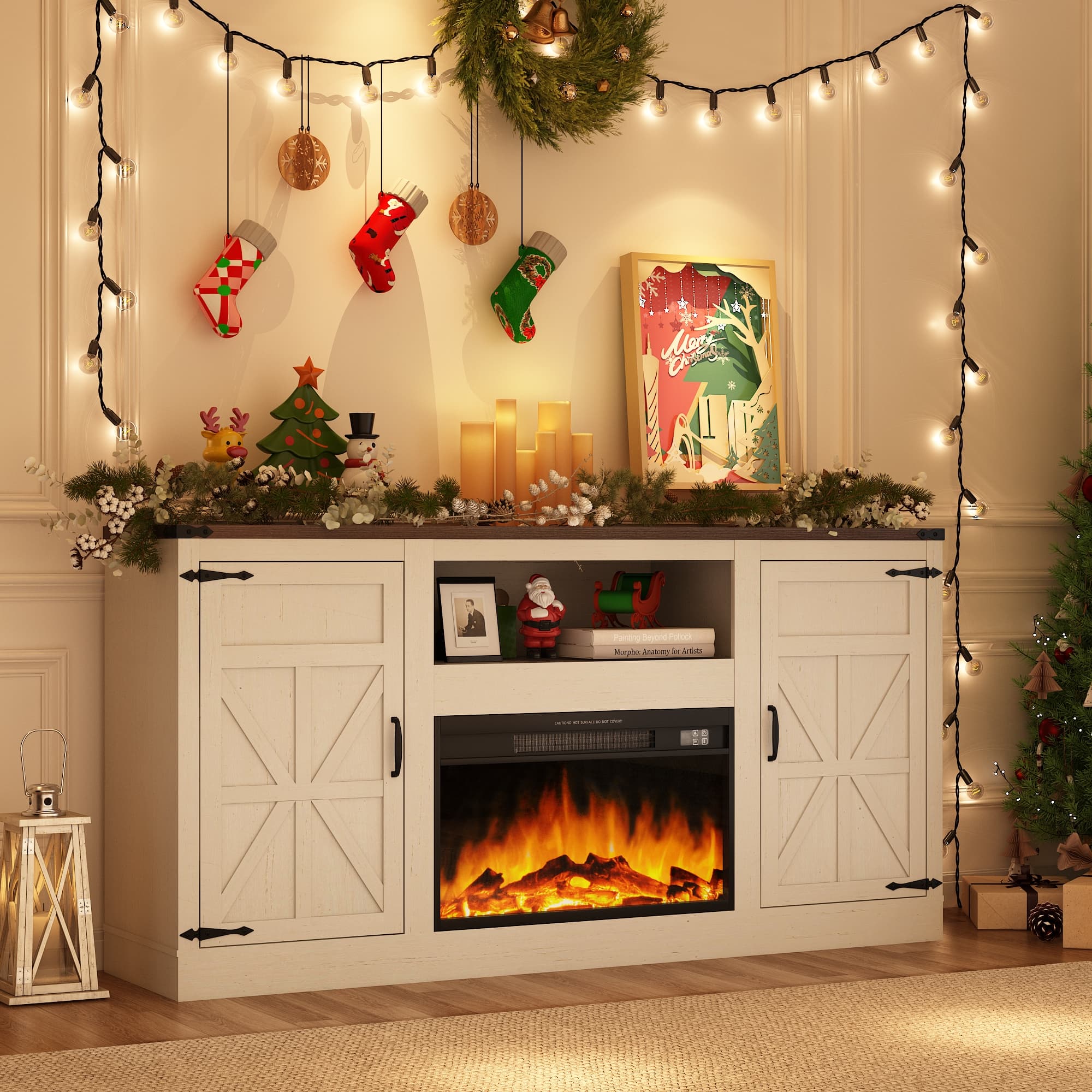 Blotout 66" Fireplace TV Stand for TVs up to 65" 75" with 23" Electric Fireplace, Farmhouse Entertainment Center with Power Outlets