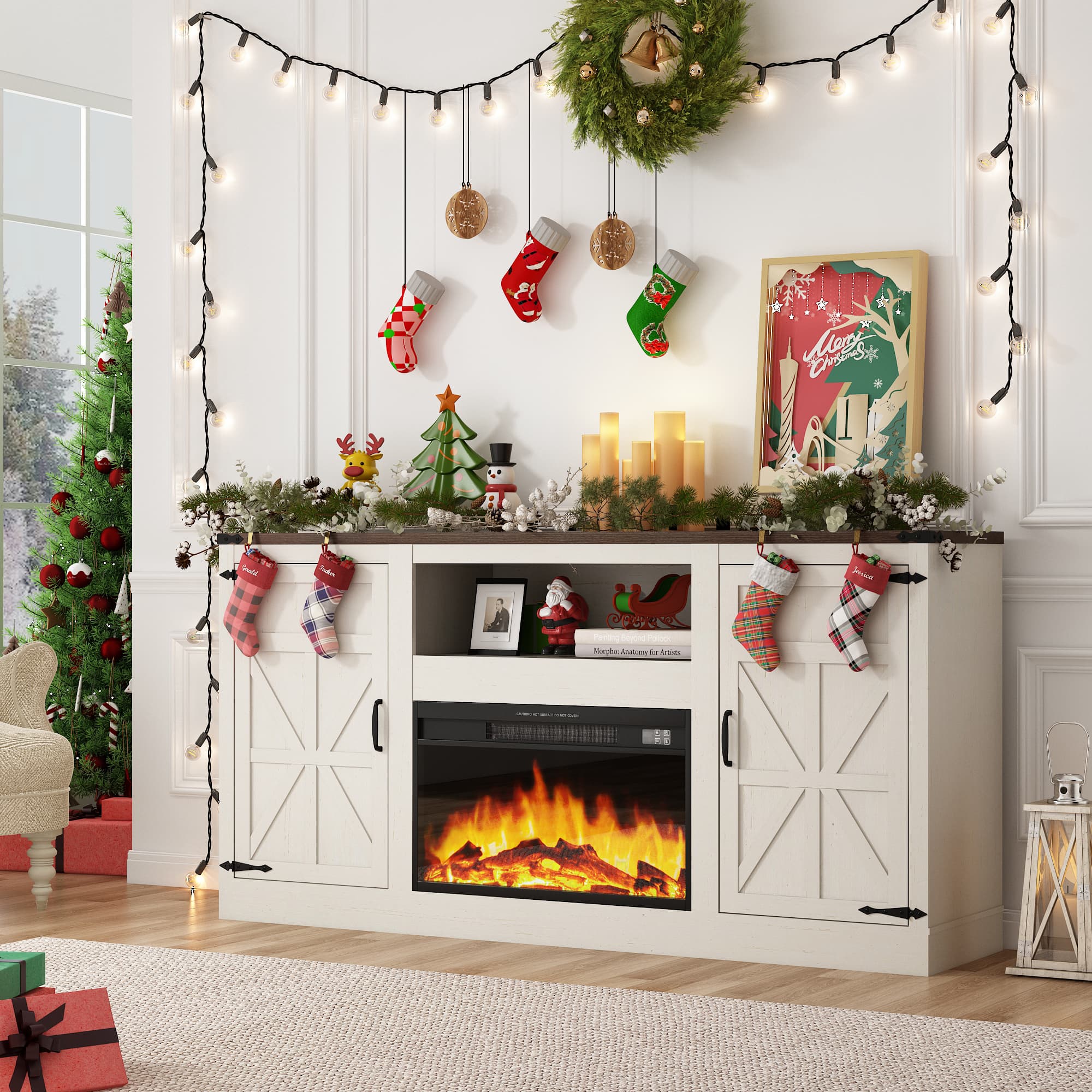 Blotout 66" Fireplace TV Stand for TVs up to 65" 75" with 23" Electric Fireplace, Farmhouse Entertainment Center with Power Outlets