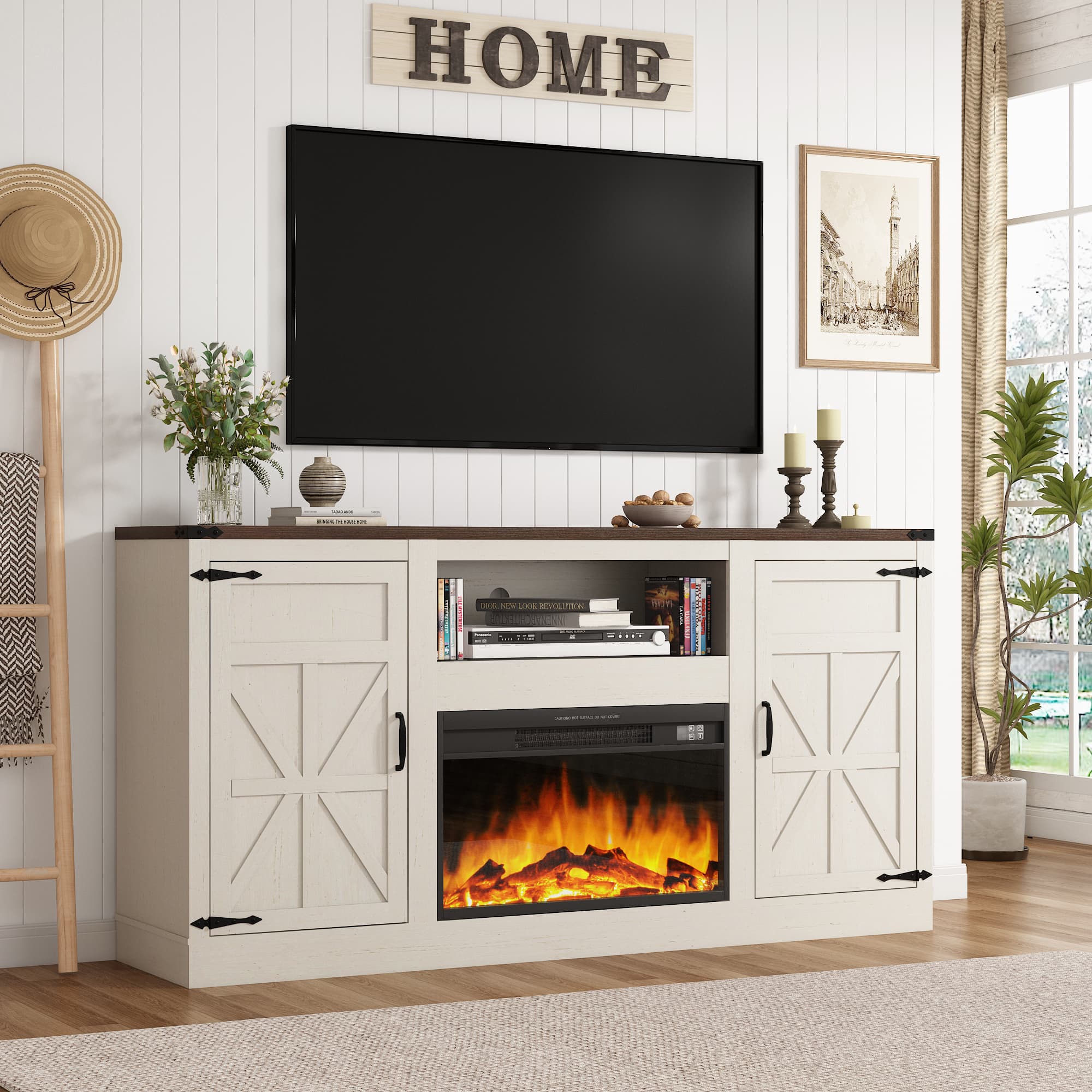 Blotout 66" Fireplace TV Stand for TVs up to 65" 75" with 23" Electric Fireplace, Farmhouse Entertainment Center with Power Outlets