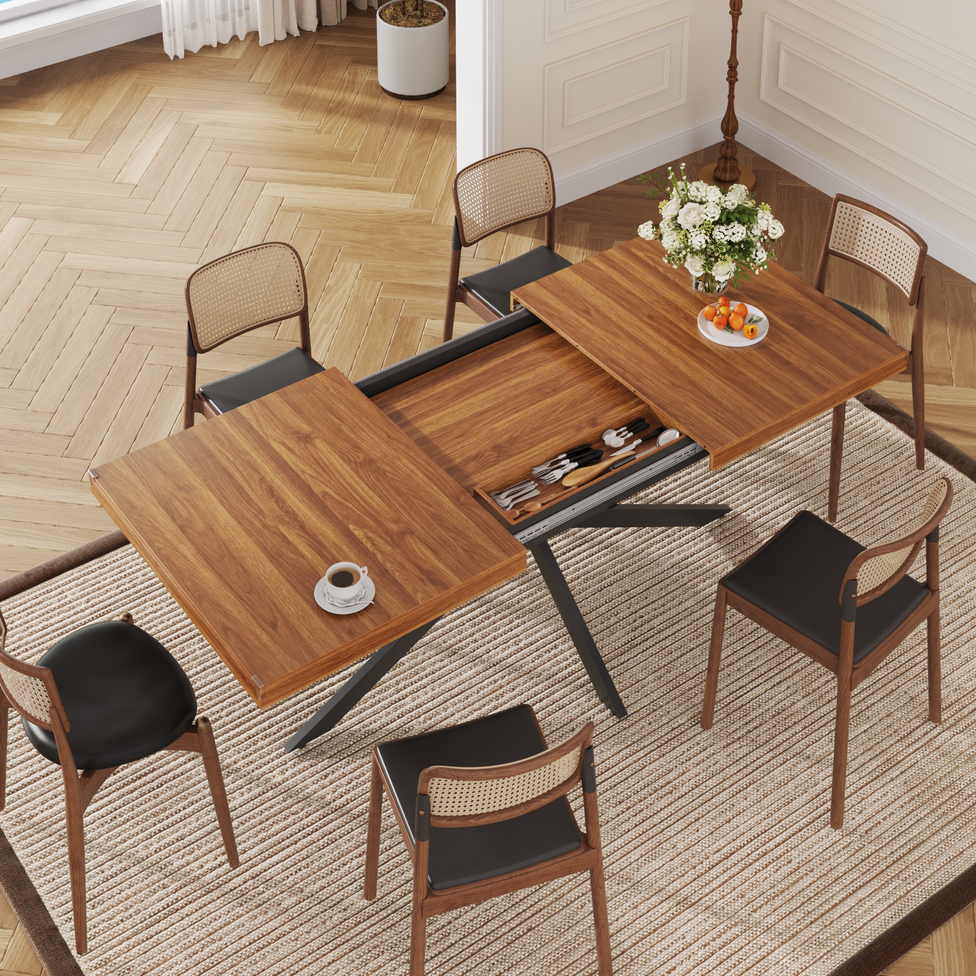 59.1"-78.7" Extendable Dining Table for 6-8,Modern Kitchen Table with Hidden Storage,Metal Support Legs, Stable Structure