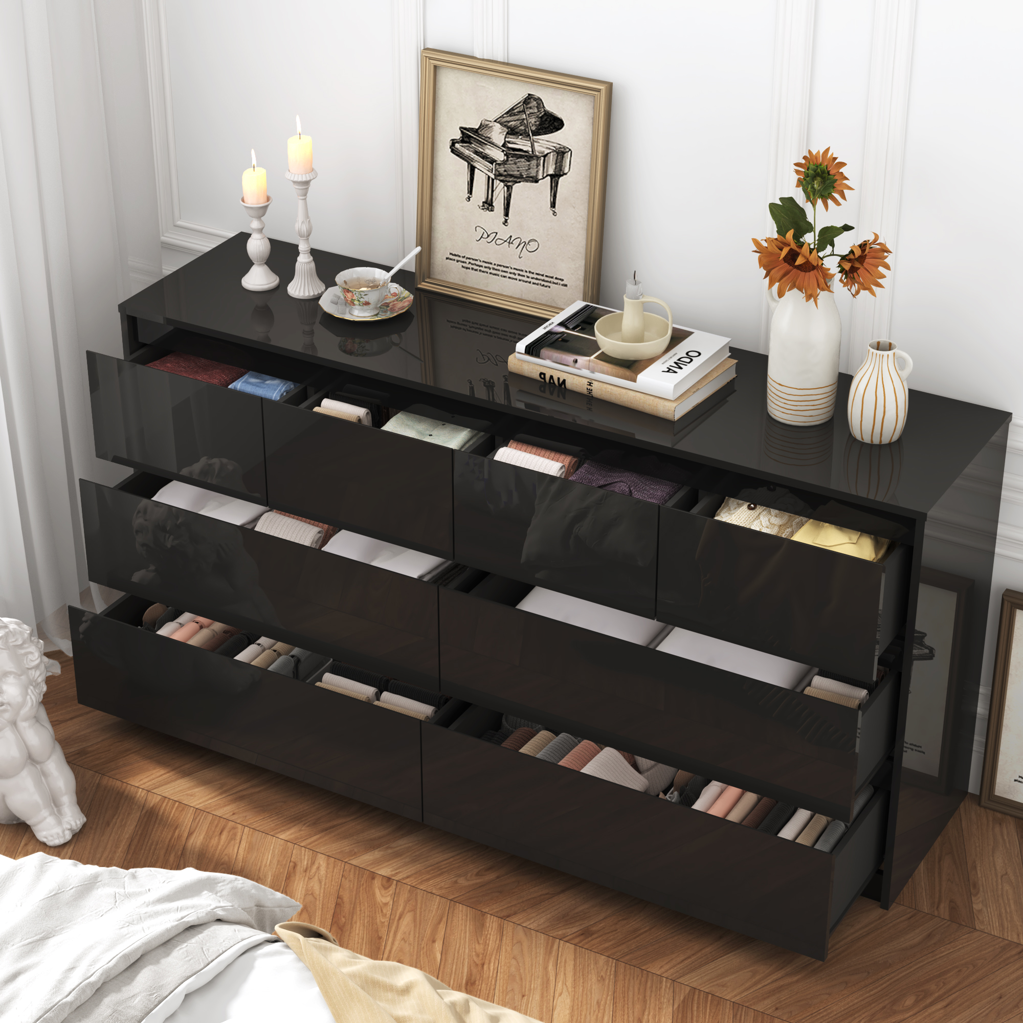 Blotout Modern Black Dresser for Bedroom, 55" Long Dresser High Gloss Dresser with 7 Drawers, Large Wood Chest of Drawer Handle Free, Dresser for Bedroom, Living Room, Entryway, Hallway