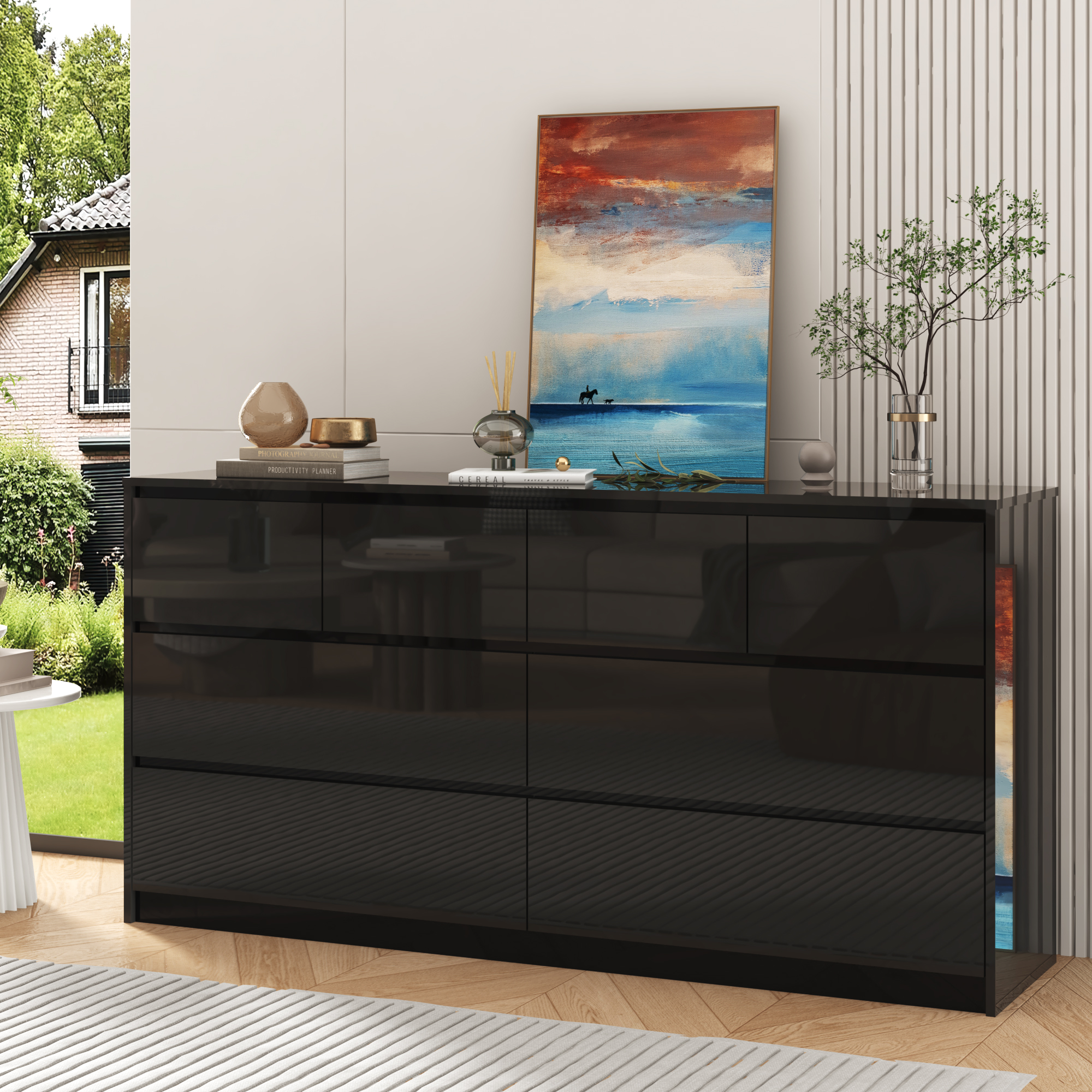 Blotout Modern Black Dresser for Bedroom, 55" Long Dresser High Gloss Dresser with 7 Drawers, Large Wood Chest of Drawer Handle Free, Dresser for Bedroom, Living Room, Entryway, Hallway