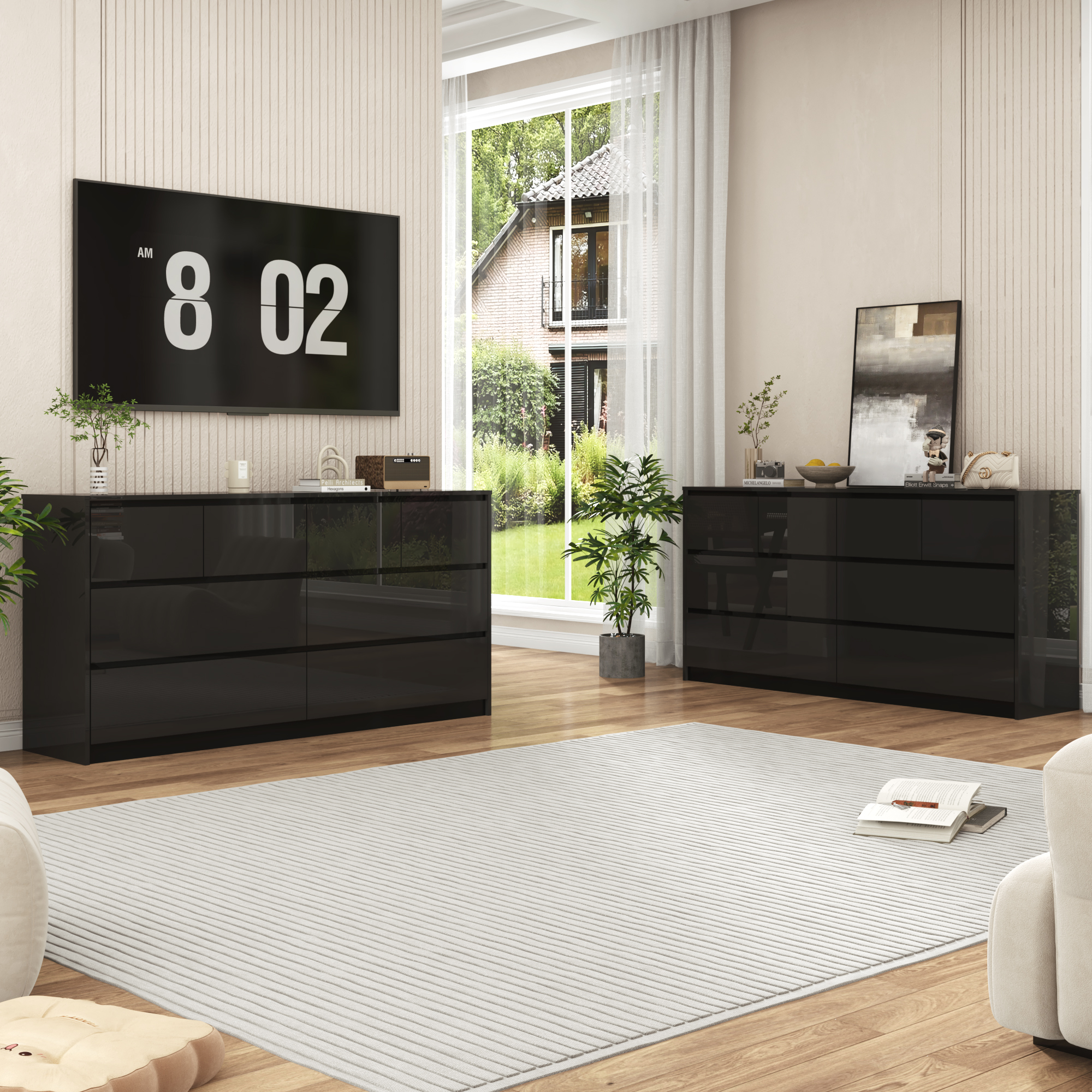 Blotout Modern Black Dresser for Bedroom, 55" Long Dresser High Gloss Dresser with 7 Drawers, Large Wood Chest of Drawer Handle Free, Dresser for Bedroom, Living Room, Entryway, Hallway