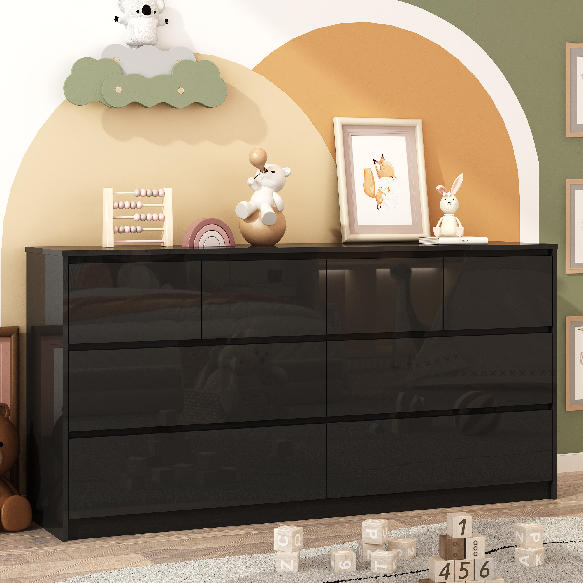 Blotout Modern Black Dresser for Bedroom, 55" Long Dresser High Gloss Dresser with 7 Drawers, Large Wood Chest of Drawer Handle Free, Dresser for Bedroom, Living Room, Entryway, Hallway