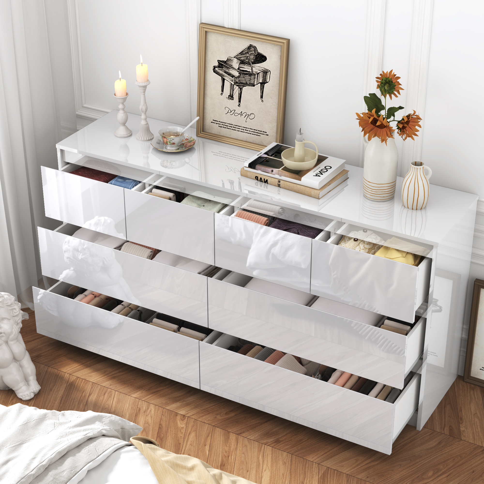 Blotout Modern Black Dresser for Bedroom, 55" Long Dresser High Gloss Dresser with 7 Drawers, Large Wood Chest of Drawer Handle Free, Dresser for Bedroom, Living Room, Entryway, Hallway