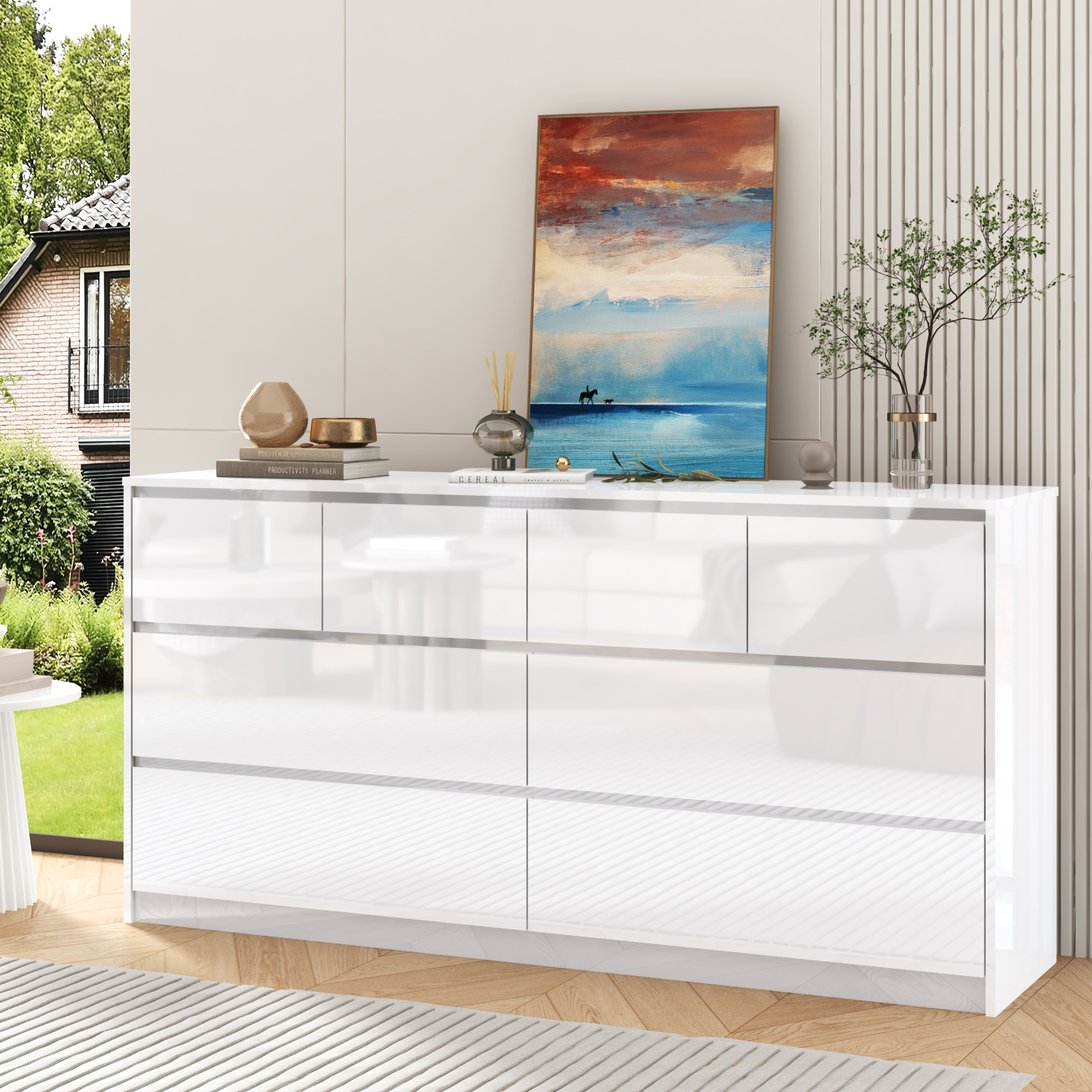 Blotout Modern Black Dresser for Bedroom, 55" Long Dresser High Gloss Dresser with 7 Drawers, Large Wood Chest of Drawer Handle Free, Dresser for Bedroom, Living Room, Entryway, Hallway