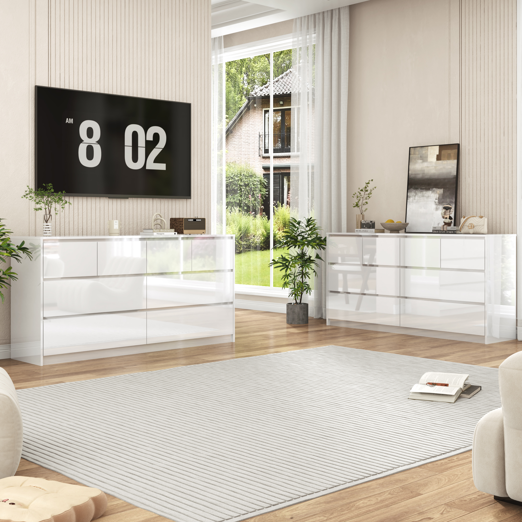 Blotout Modern Black Dresser for Bedroom, 55" Long Dresser High Gloss Dresser with 7 Drawers, Large Wood Chest of Drawer Handle Free, Dresser for Bedroom, Living Room, Entryway, Hallway