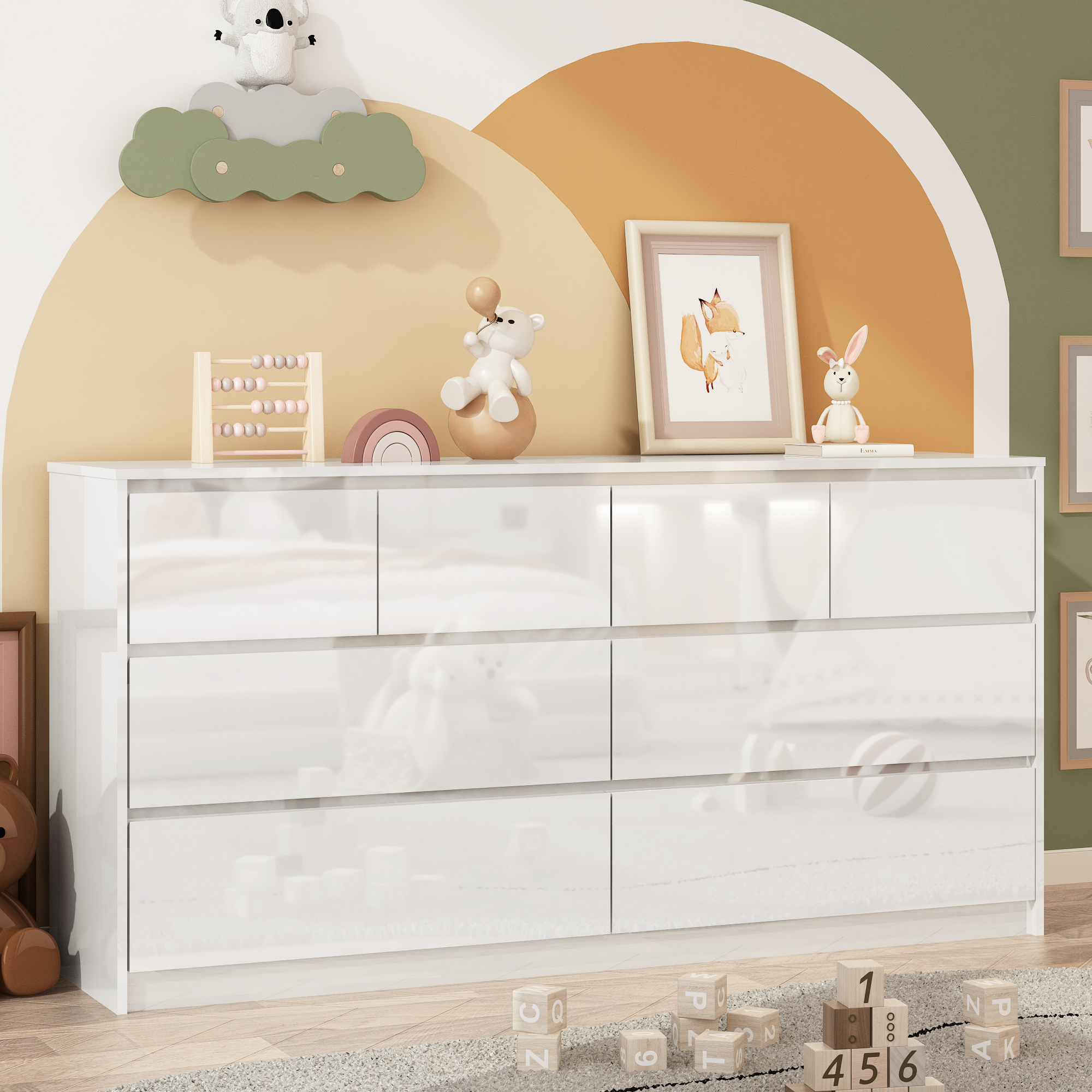 Blotout Modern Black Dresser for Bedroom, 55" Long Dresser High Gloss Dresser with 7 Drawers, Large Wood Chest of Drawer Handle Free, Dresser for Bedroom, Living Room, Entryway, Hallway