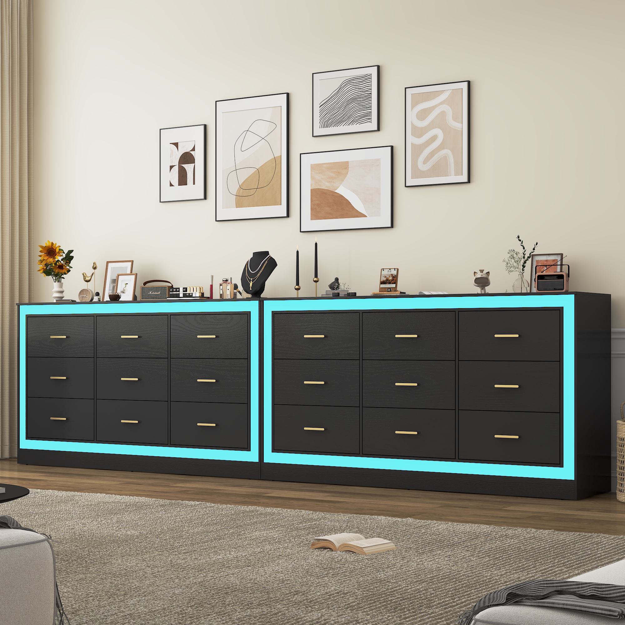 Black Dresser for Bedroom, 63" Wood 9 Drawer Dresser with LED Light, Long Dressers & Chests of Drawers with Deep Drawers, 34" Tall Storage Cabinet for Bedroom, Living Room, Hallway
