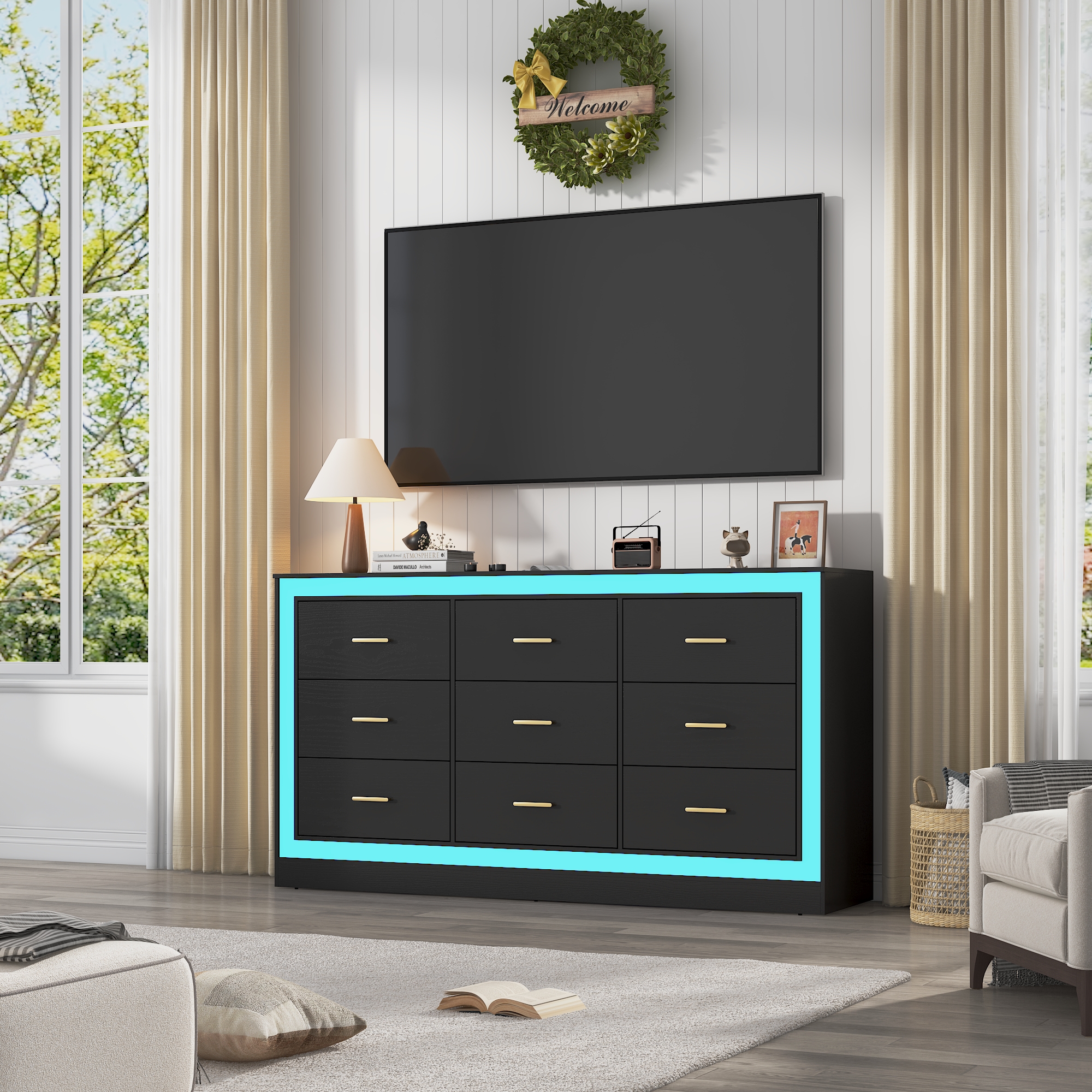 Black Dresser for Bedroom, 63" Wood 9 Drawer Dresser with LED Light, Long Dressers & Chests of Drawers with Deep Drawers, 34" Tall Storage Cabinet for Bedroom, Living Room, Hallway