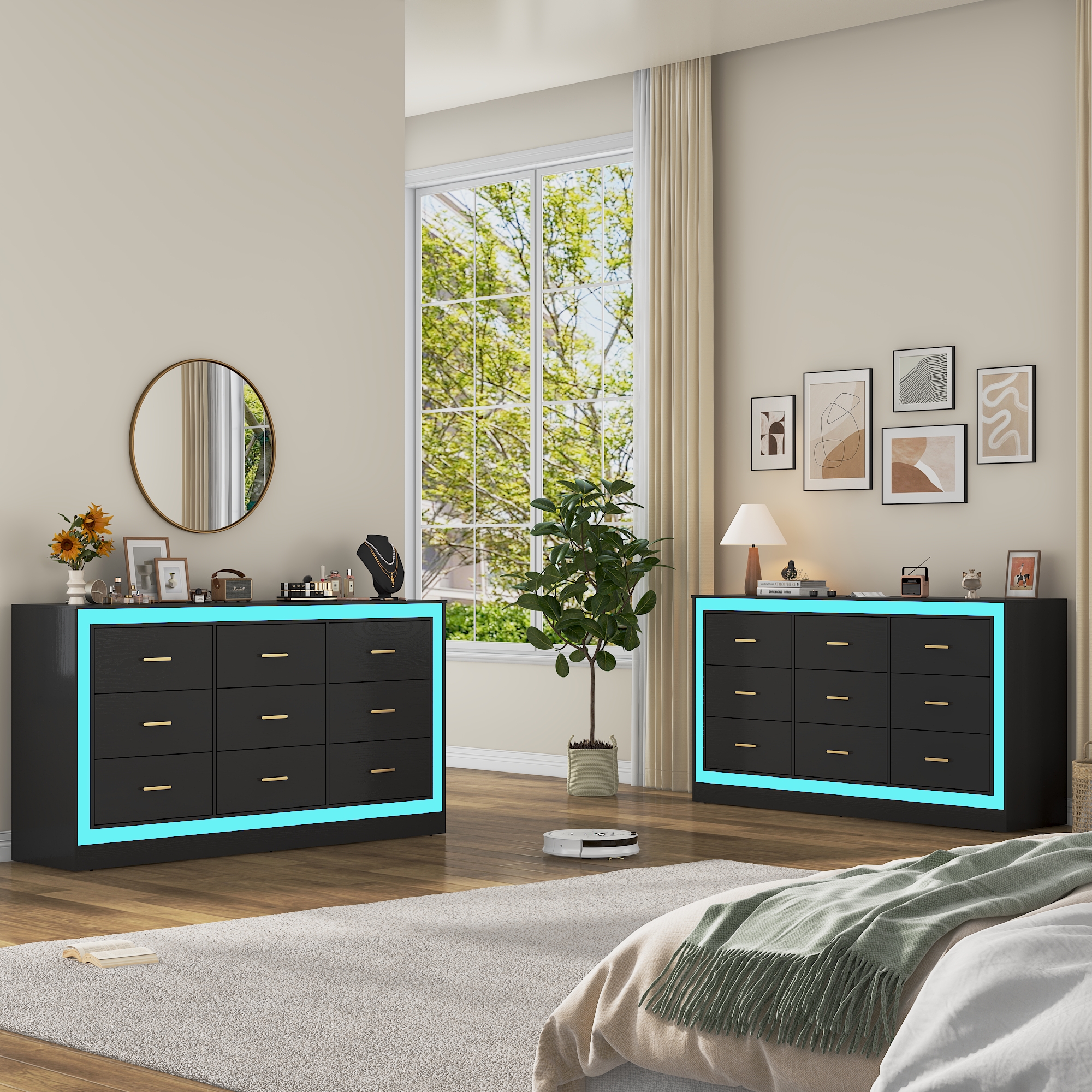 Black Dresser for Bedroom, 63" Wood 9 Drawer Dresser with LED Light, Long Dressers & Chests of Drawers with Deep Drawers, 34" Tall Storage Cabinet for Bedroom, Living Room, Hallway