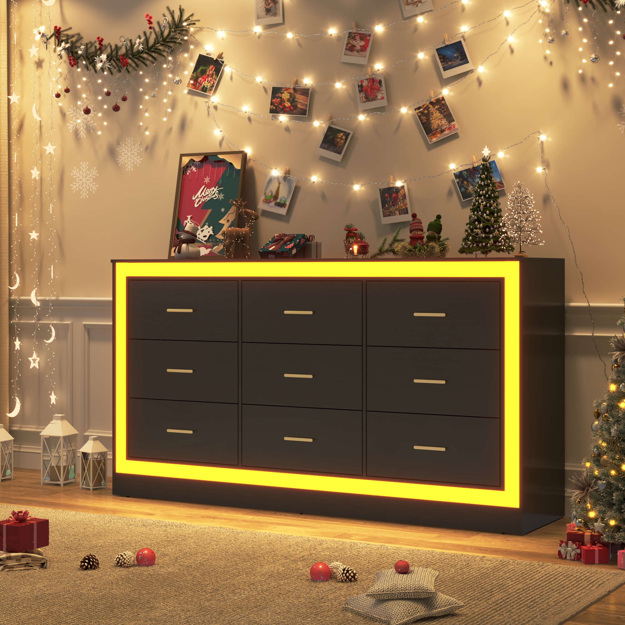 Black Dresser for Bedroom, 63" Wood 9 Drawer Dresser with LED Light, Long Dressers & Chests of Drawers with Deep Drawers, 34" Tall Storage Cabinet for Bedroom, Living Room, Hallway